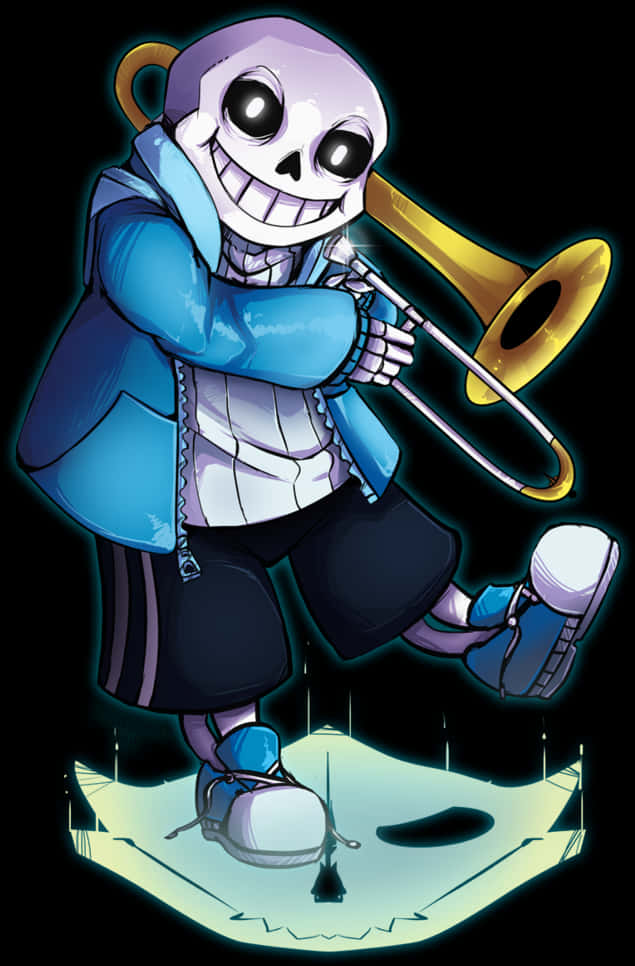 Undertale Sans 桌布 壁紙 — 一個穿著藍色連帽衫的快樂骷髏角色在黑色背景的發光綠色平台上演奏金色長號。