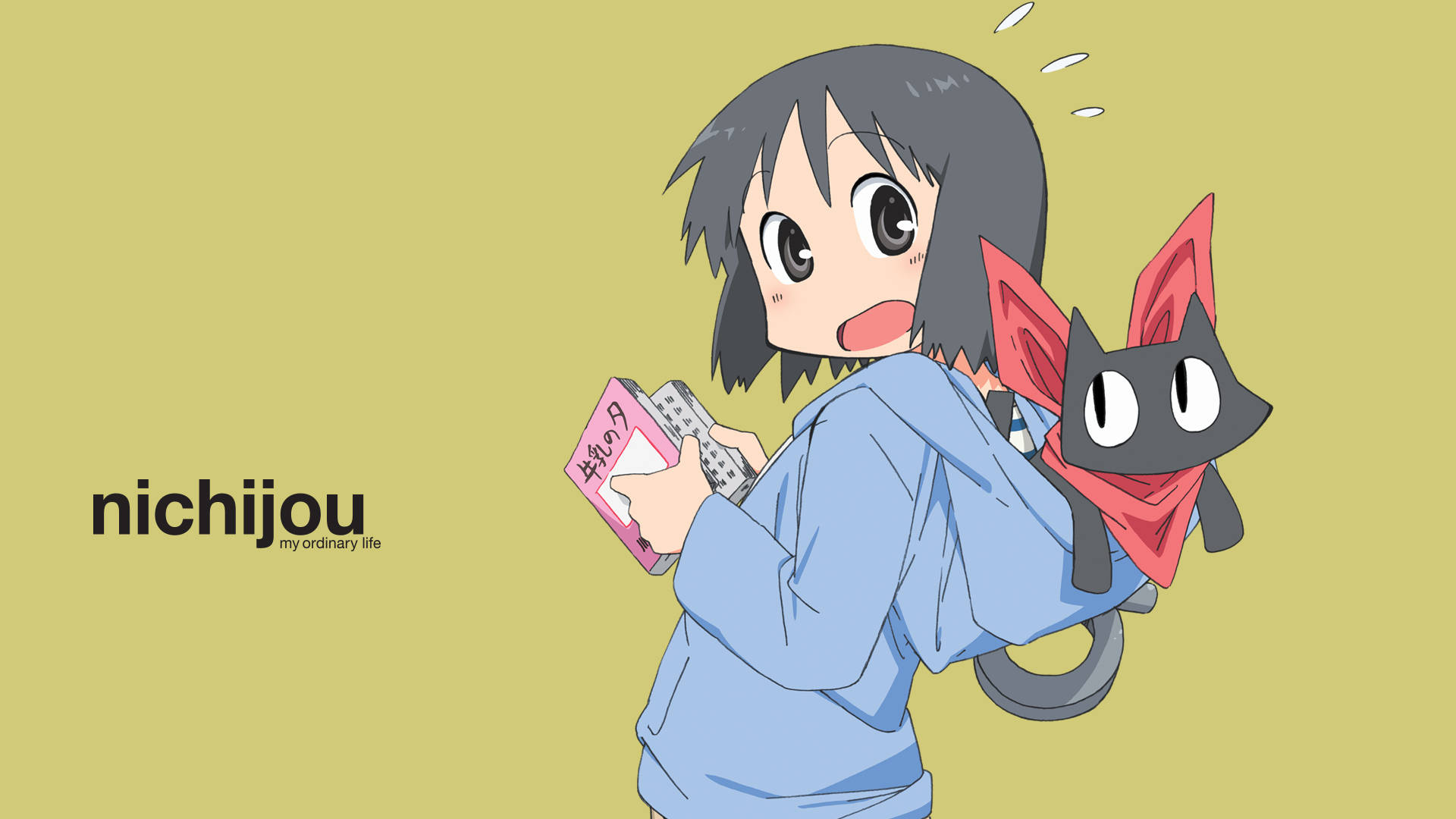 動漫女孩 桌布 壁紙 — 一個穿著藍色連帽衫的驚訝動漫女孩拿著手機和筆記本，一隻紅耳黑貓棲息在她的肩膀上。