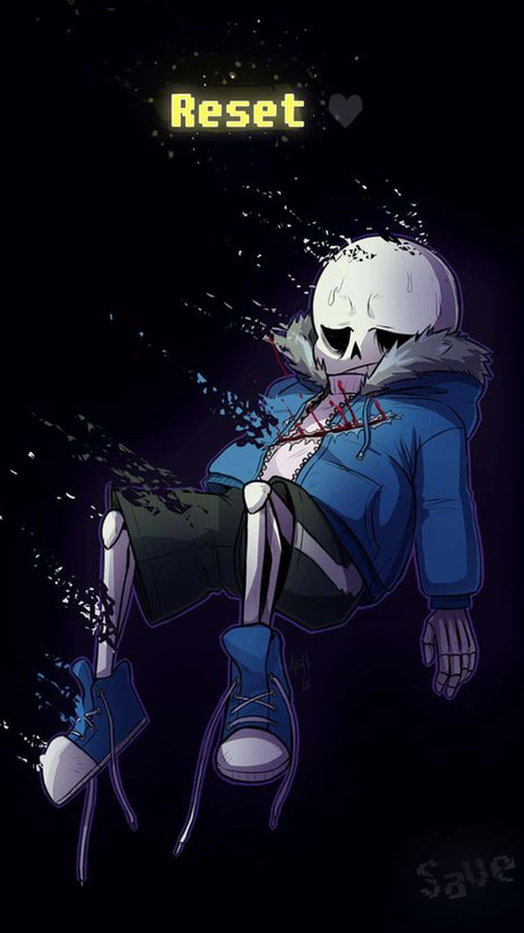 Sans 桌布 壁紙 — 一個穿著藍色連帽衫的骷髏動漫角色坐在黑暗背景前，背景有發光文字寫著 Reset and Save。