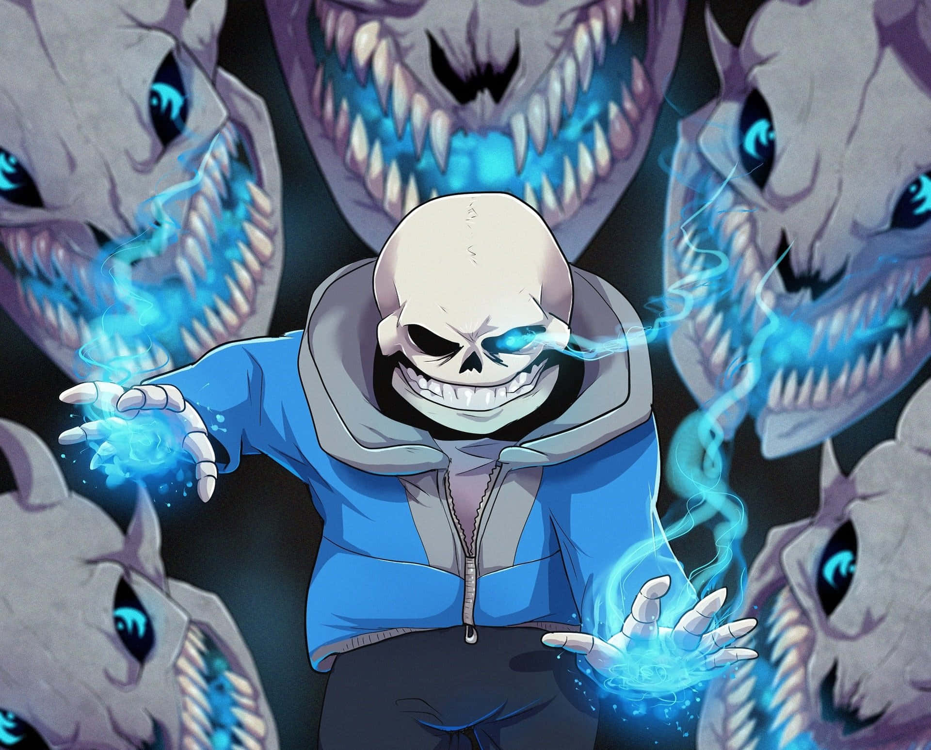 Sans 桌布 壁紙 — 一個穿著藍色連帽衫的骷髏動漫角色，在發光的眼睛的威脅性骷髏怪物包圍下，引導著發光的藍色能量。