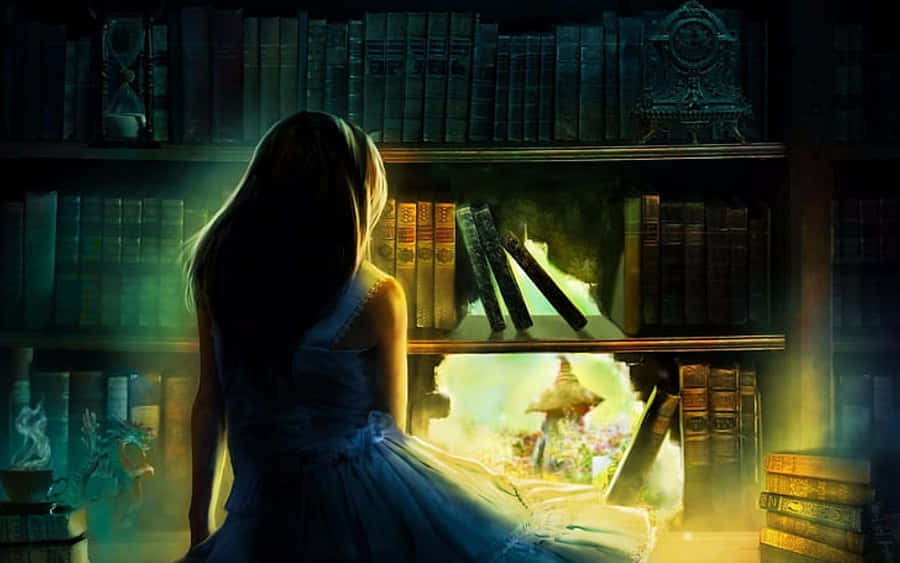 Fairy Tale 桌布 壁紙 — 一個穿著藍色連衣裙的女孩凝視著一個從昏暗圖書館書架上出現的發光奇幻世界。