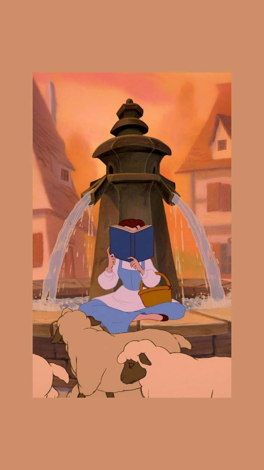 Aesthetic Disney 桌布 壁紙 — 一個穿著藍色連衣裙的女孩在日落時坐在被羊群包圍的噴泉上看書。