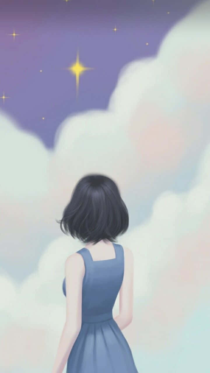 動漫女孩 桌布 壁紙 — 一個穿著藍色連衣裙的女孩在暮色天空下，透過柔和的粉彩雲朵仰望閃爍的星星。