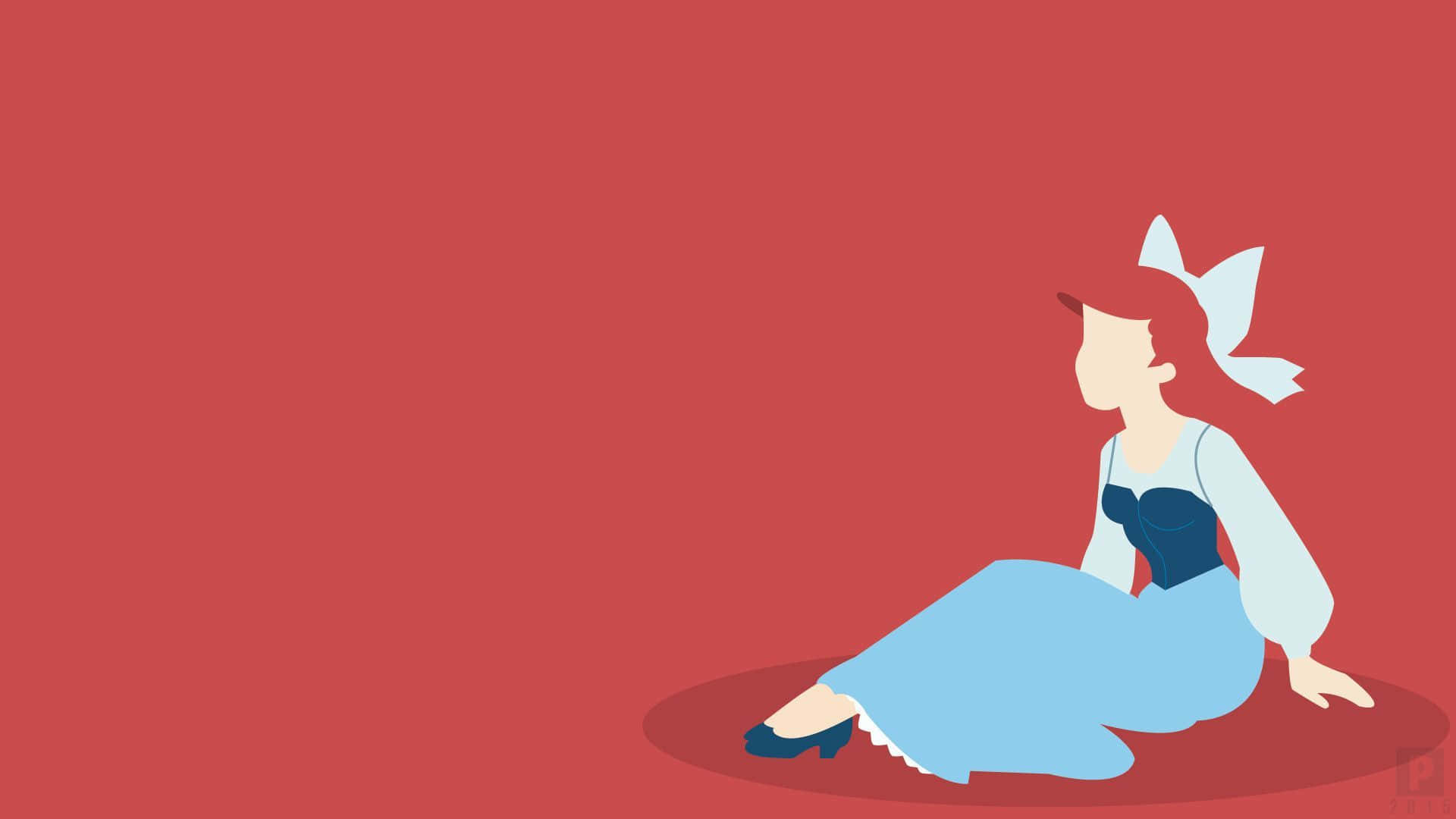 Aesthetic Disney Laptop 桌布 壁紙 — 一個穿著藍色連衣裙的女孩獨自坐在純紅色背景上的極簡插圖。