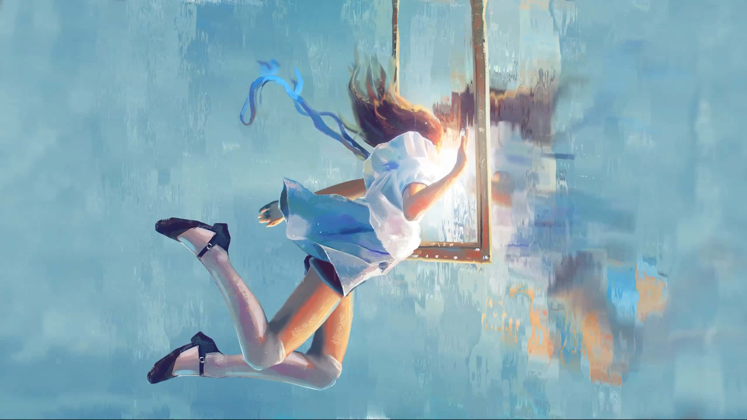 Painting 桌布 壁紙 — 一個穿著藍色連衣裙的女孩穿過破損的窗框，伸向有紋理的藍天。