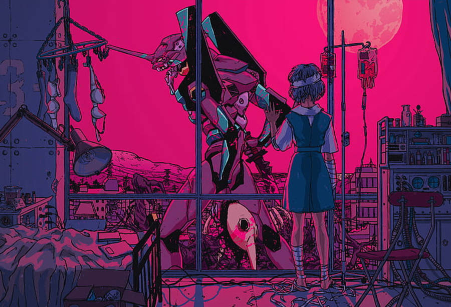 evangelion 4K 桌布 壁紙 — 一個穿著藍色連衣裙的女孩站在醫療室裡，透過窗戶看著一個巨大的粉紅色和黑色機甲，窗外是發光的紅色月亮。