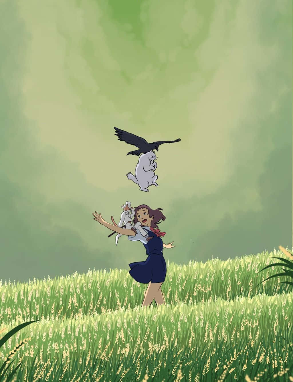 the cat returns 桌布 壁紙 — 一個穿著藍色連衣裙的小女孩在陽光照耀的麥田裡快樂地伸手，一隻白色生物和一隻黑鳥在她上方翱翔。