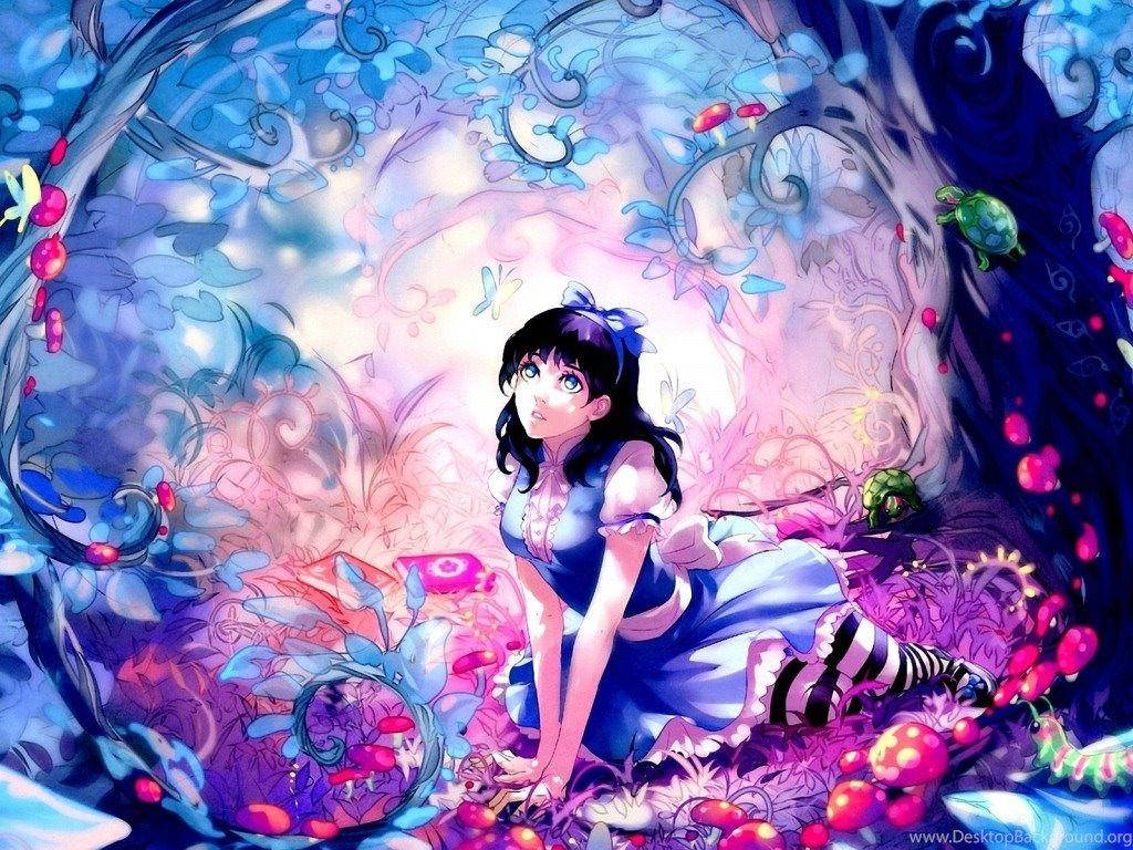 可愛動漫 桌布 壁紙 — 一個穿著藍色連衣裙的年輕女孩跪在一個閃爍著粉紅色和藍色魔法的超現實森林中。