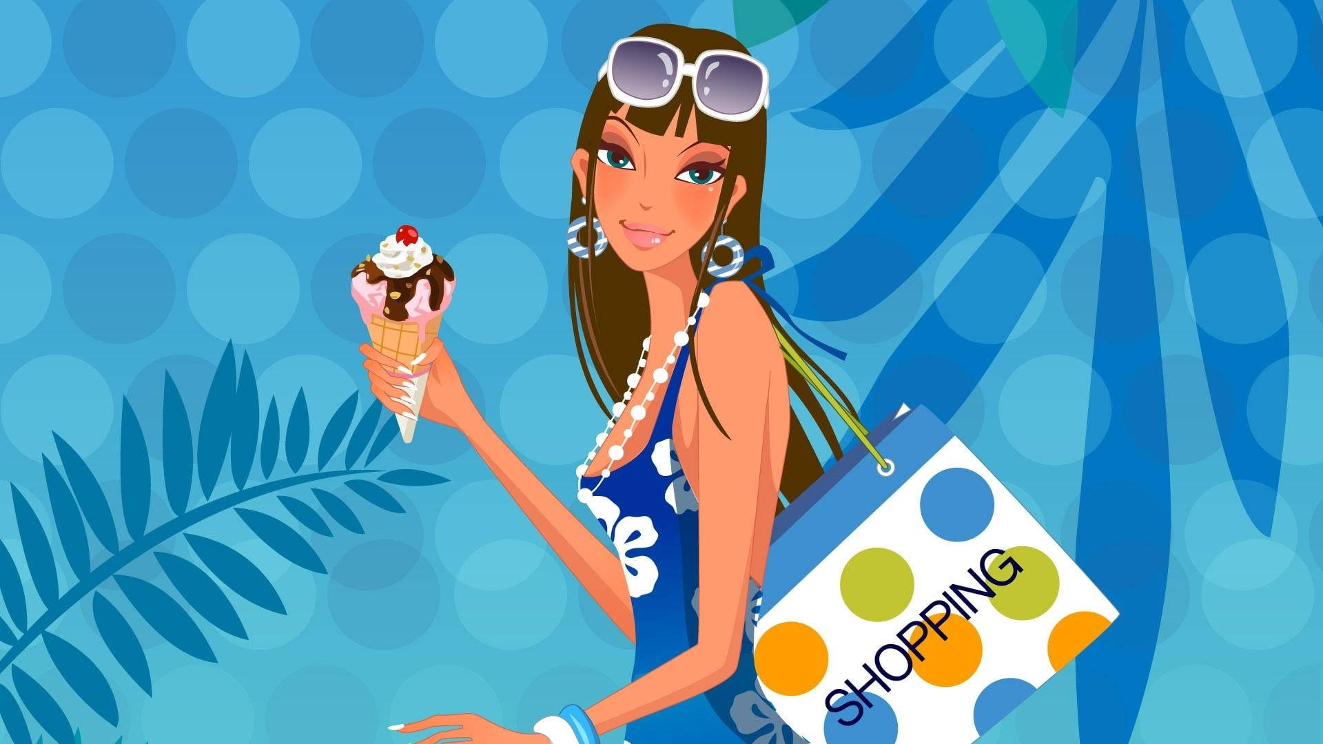 Cool Girl Cartoon 桌布 壁紙 — 一個穿著藍色連衣裙的快樂卡通女人，在藍色圓點背景和棕櫚葉前拿著冰淇淋甜筒和購物袋。