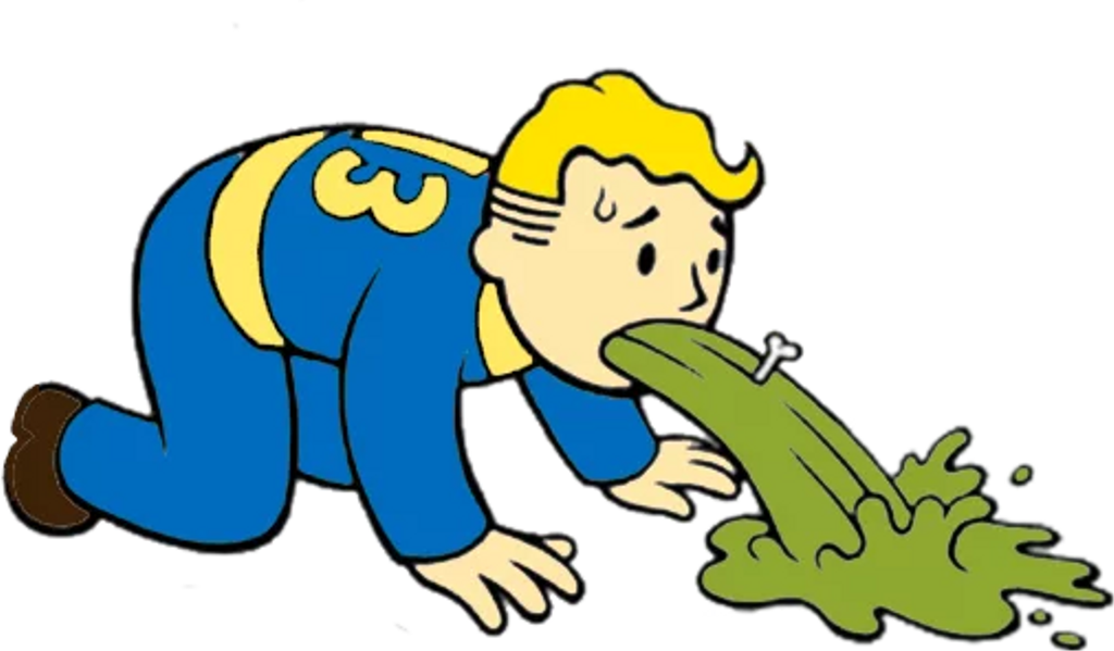 Clip Art 桌布 壁紙 — 一個穿著藍色連身衣的卡通Vault Boy在黑色背景上嘔吐綠色黏液，裡面嵌著螺絲。