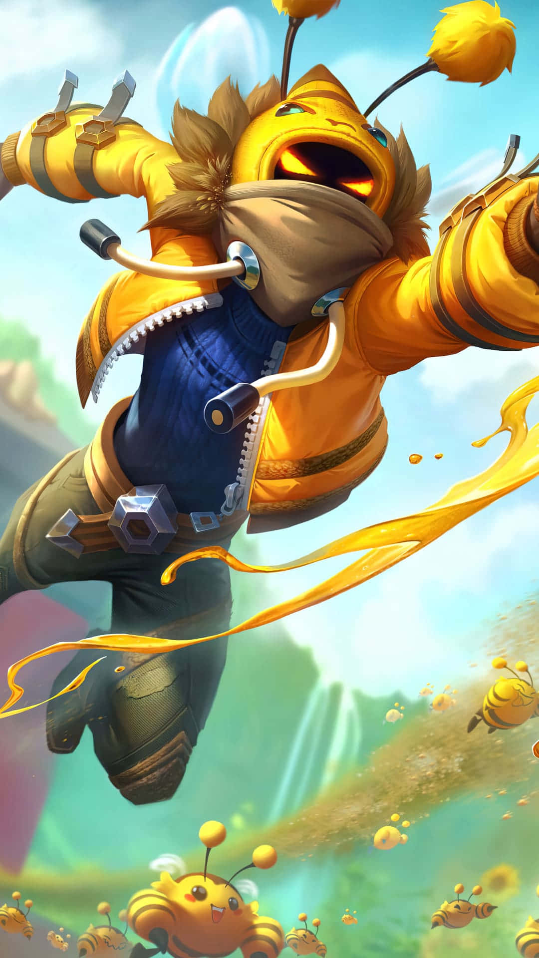 Android League Of Legends 桌布 壁紙 — 一個穿著藍色連身衣的快樂黃色蜜蜂角色，在明亮的天空中跳躍，周圍有小蜜蜂盤旋。