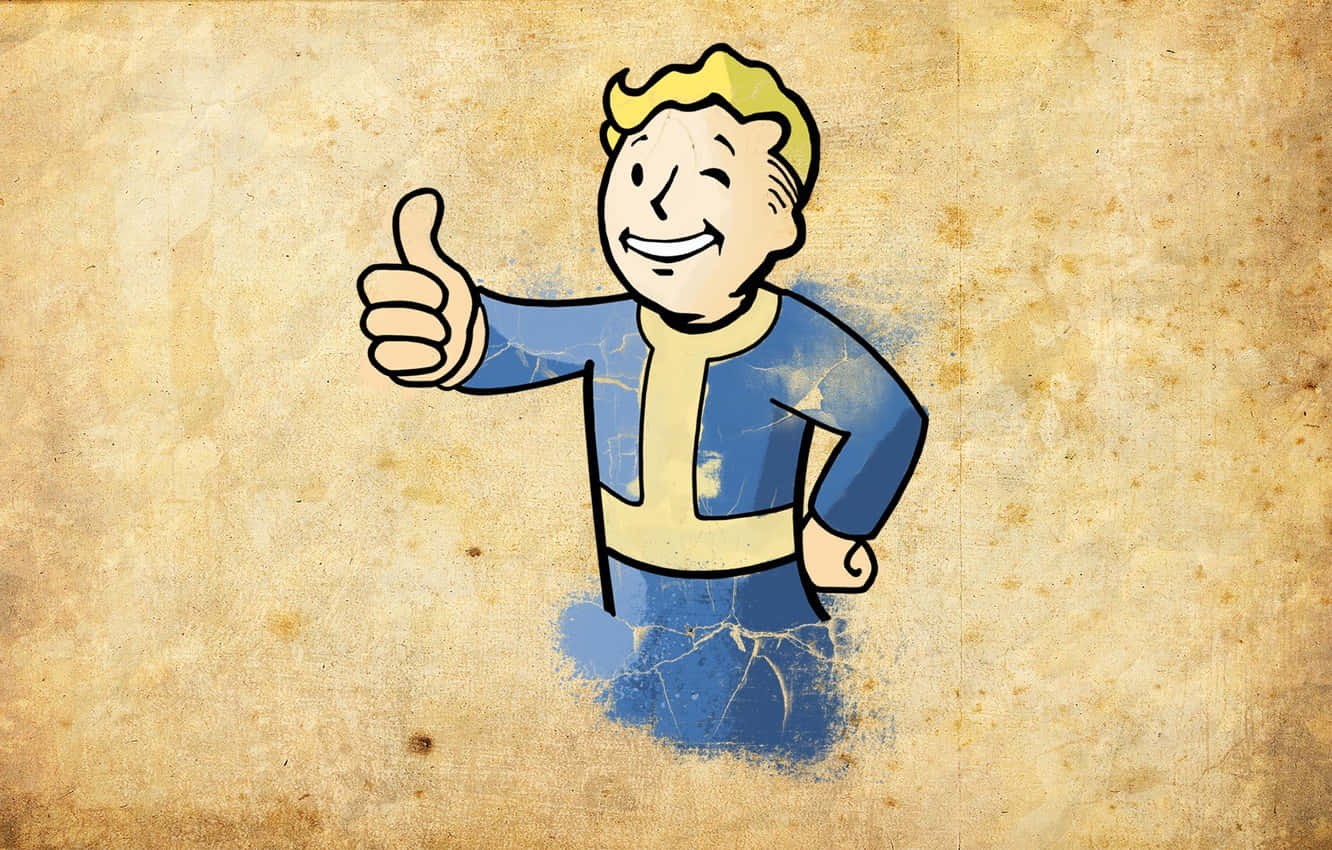 Vault Boy 桌布 壁紙 — 一個穿著藍色連身衣的開心跳脫男孩卡通人物在風化的米色背景上豎起大拇指。