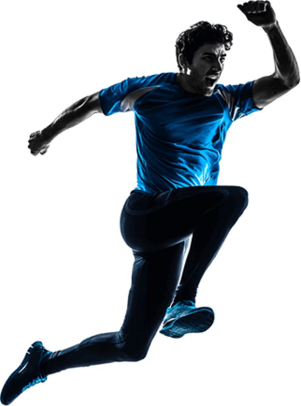 Running 桌布 壁紙 — 一個穿著藍色運動裝備的男子在純黑色背景下躍起的動態剪影。