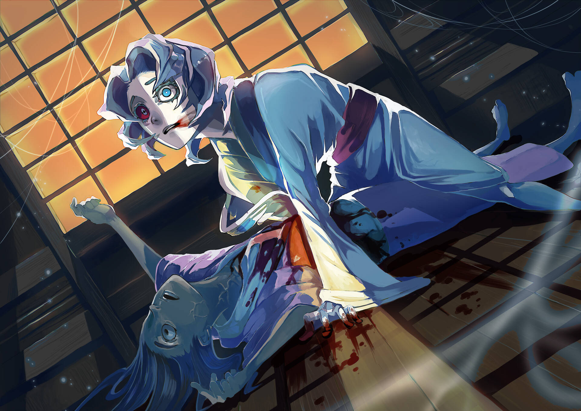 Rui 桌布 壁紙 — 一個穿著藍色長袍的幽靈般動漫人物，在一個光線昏暗、窗戶發出橙色光芒的房間裡，籠罩著一個倒下的受害者。