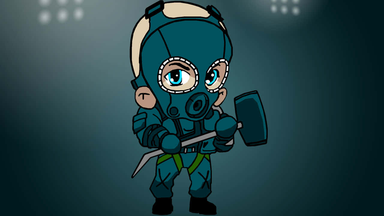 Rainbow Six Siege Sledge 桌布 壁紙 — 一個穿著藍色防毒面具和盔甲的Q版卡通角色在聚光燈舞台燈光下拿著錘子。