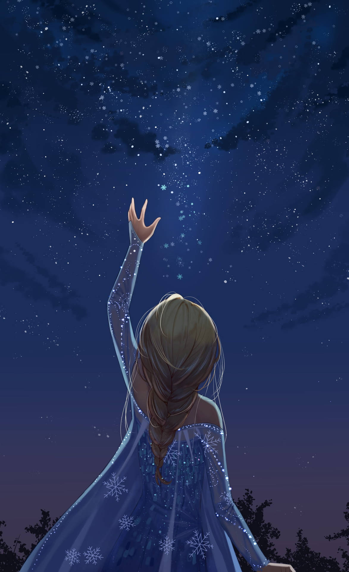穿著藍色雪花長袍的女孩伸手觸碰夜空中旋轉的星星 — 冰雪奇緣 GIF 壁紙