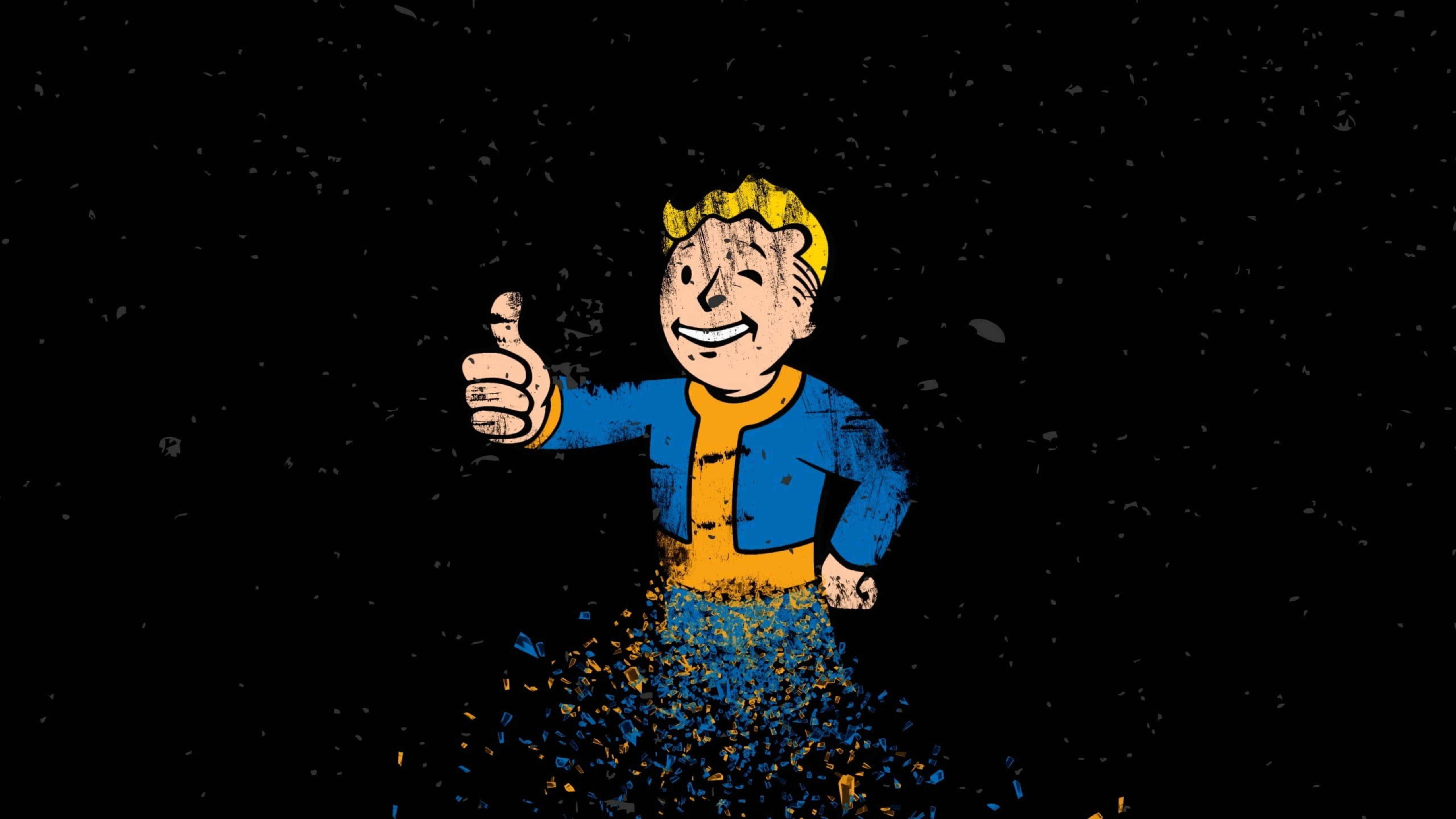 Fallout 4 桌布 壁紙 — 一個穿著藍黃色外套的開心跳跳小子卡通人物，在黑色背景中豎起大拇指，周圍有碎片落下。