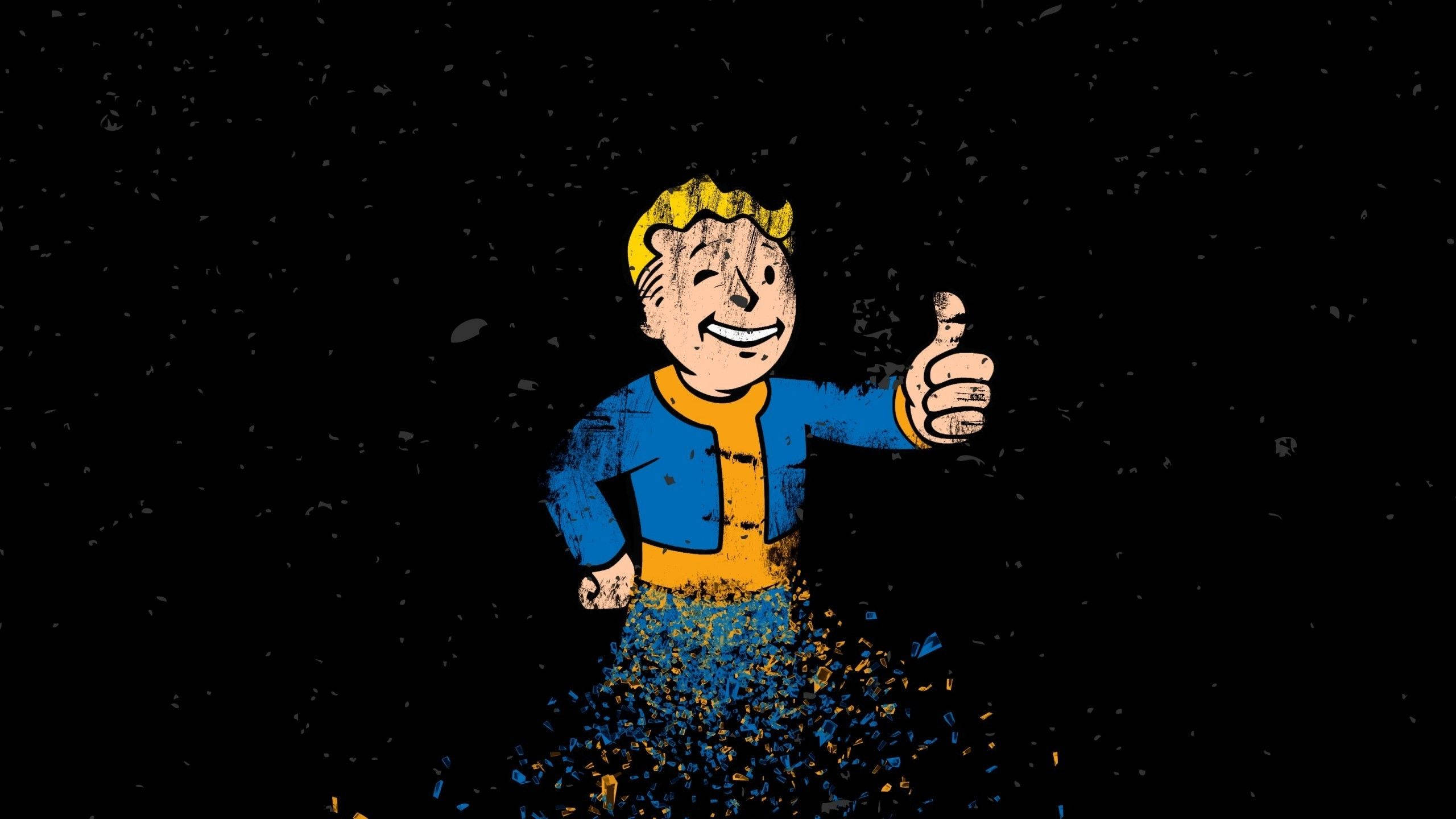 Fallout 4 桌布 壁紙 — 一個穿著藍黃色外套的開朗Vault Boy吉祥物，在黑色背景上豎起大拇指，周圍有墜落的碎片。
