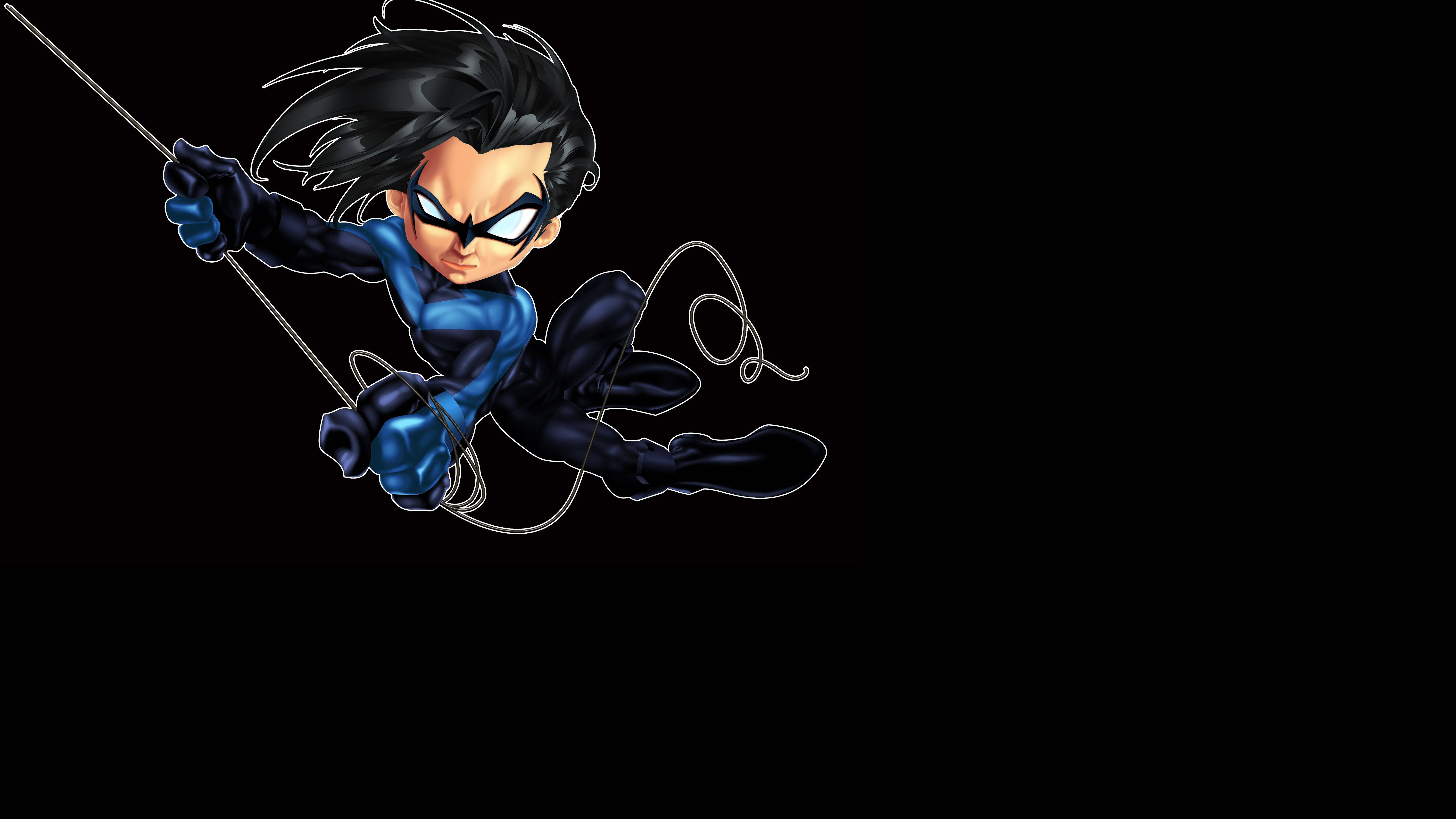 Nightwing 桌布 壁紙 — 一個穿著藍黑色套裝的Q版超級英雄在純黑色背景上動態擺動。