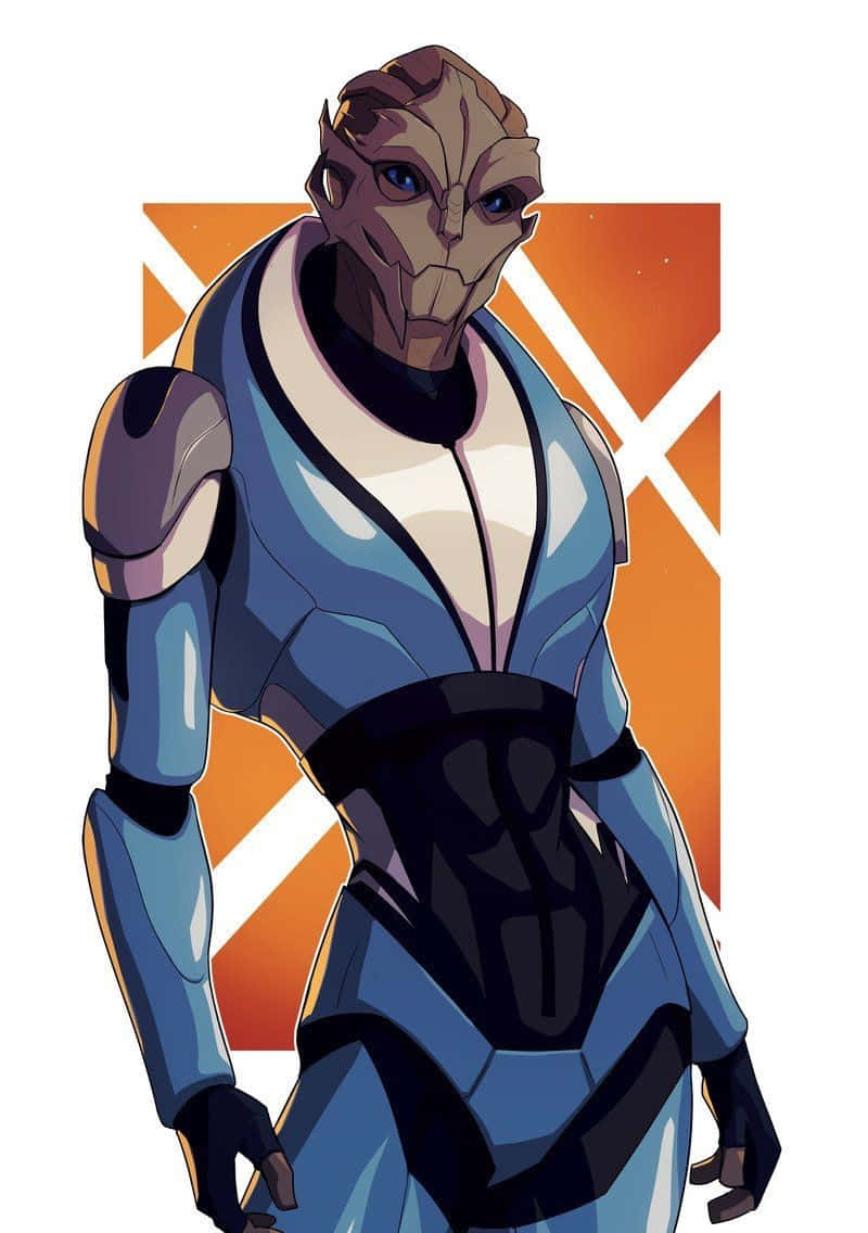 Mass Effect Legion 桌布 壁紙 — 一個穿著藍黑色裝甲服的人形外星人自信地站在橙色幾何背景前。