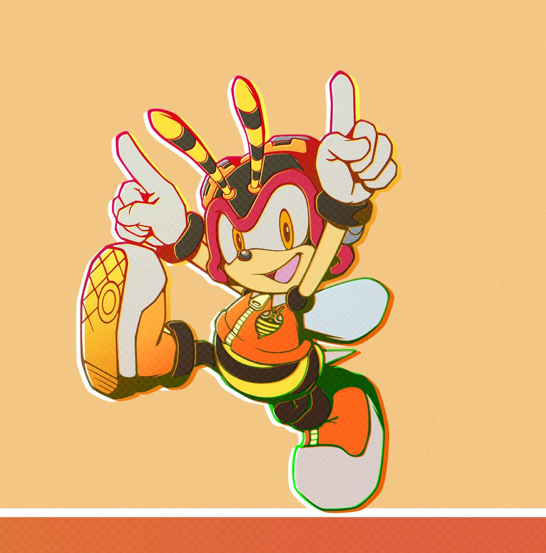 Charmy Bee 桌布 壁紙 — 一個穿著蜜蜂服裝的開心卡通蜜蜂角色，雙手做出和平手勢，擺出俏皮的姿勢。