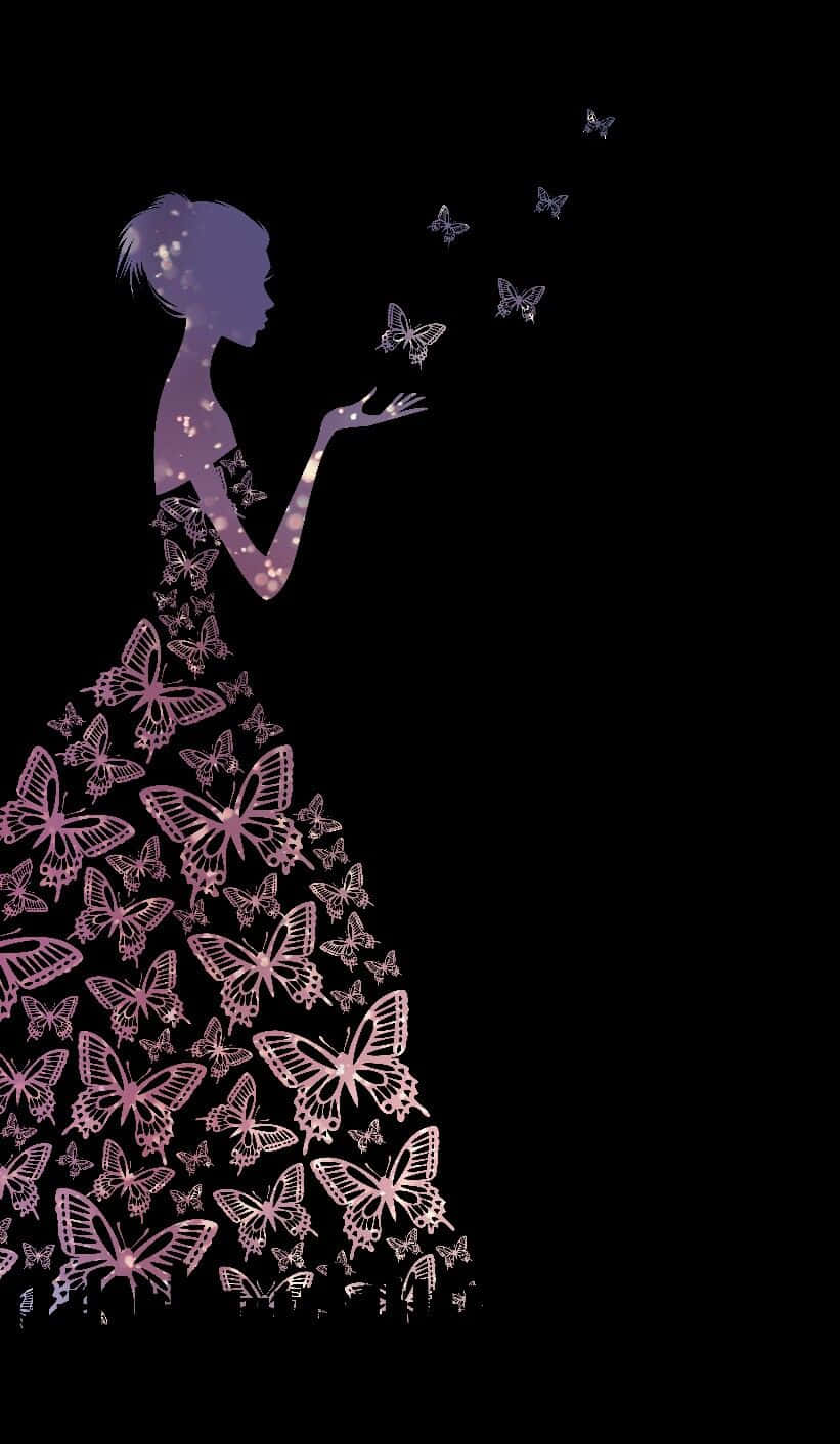 Butterfly Dress 桌布 壁紙 — 一個穿著蝴蝶長裙的女人的紫色剪影，在黑色背景下釋放出發光的蝴蝶。