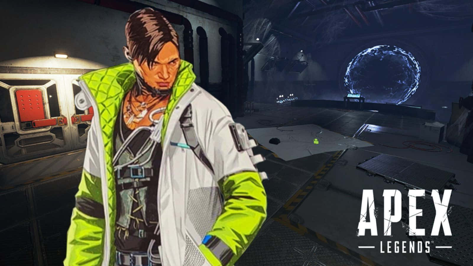 Apex Legends Crypto 桌布 壁紙 — 一個穿著螢光綠色外套的角色站在昏暗的未來實驗室中，背景有一個發光的球體。