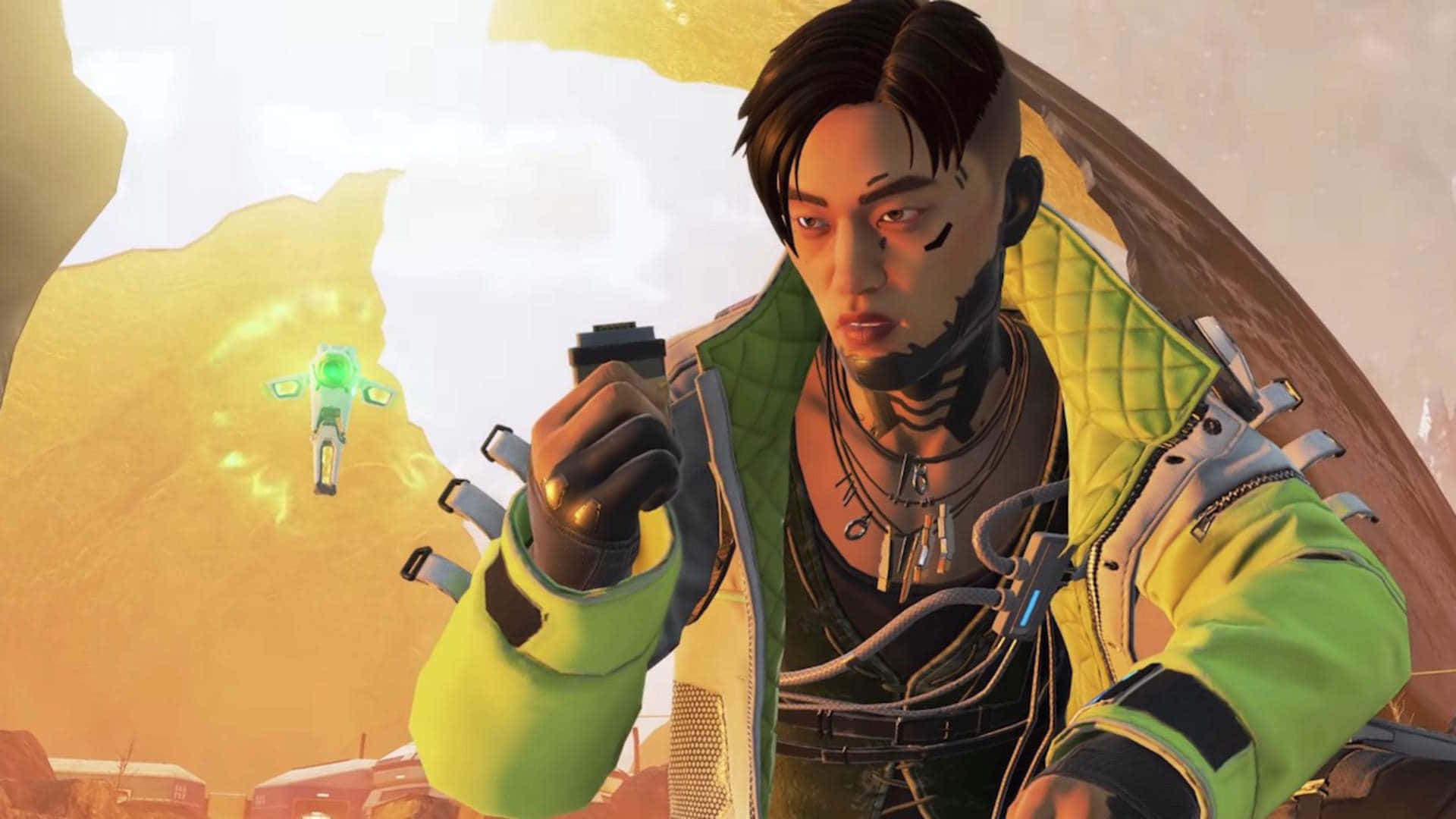 Apex Legends Crypto 桌布 壁紙 — 一個穿著螢光綠色外套的賽博龐克角色在沙漠峽谷中用武器瞄準一個發光的外星生物。