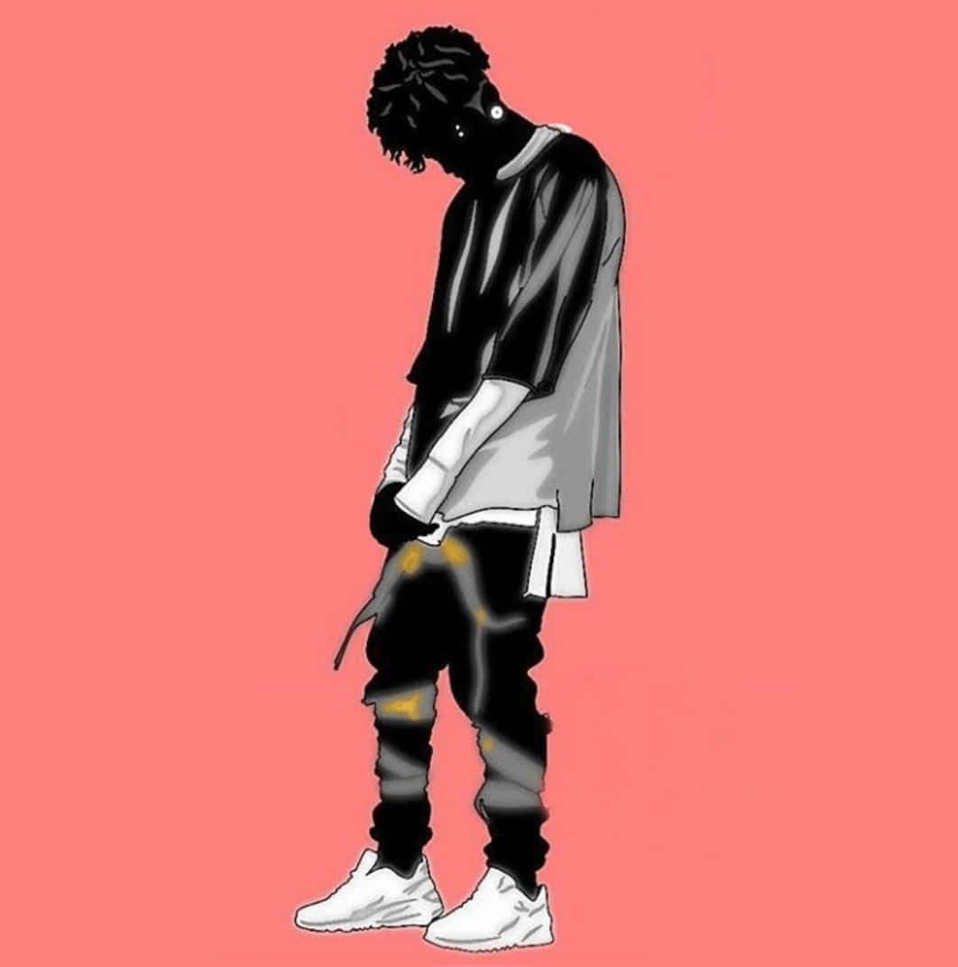 Swag iPhone 桌布 壁紙 — 一個穿著街頭服飾的人的風格化黑色剪影，站在純珊瑚色背景上，低頭沉思。