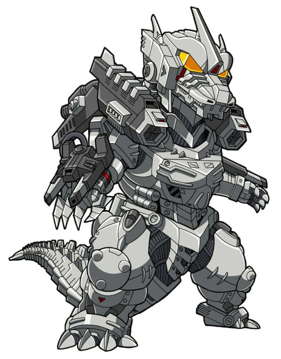 Robot Godzilla 桌布 壁紙 — 一個穿著裝甲的Q版機械哥吉拉，擁有發光的橙色眼睛和機械爪，以戰鬥姿勢站立。
