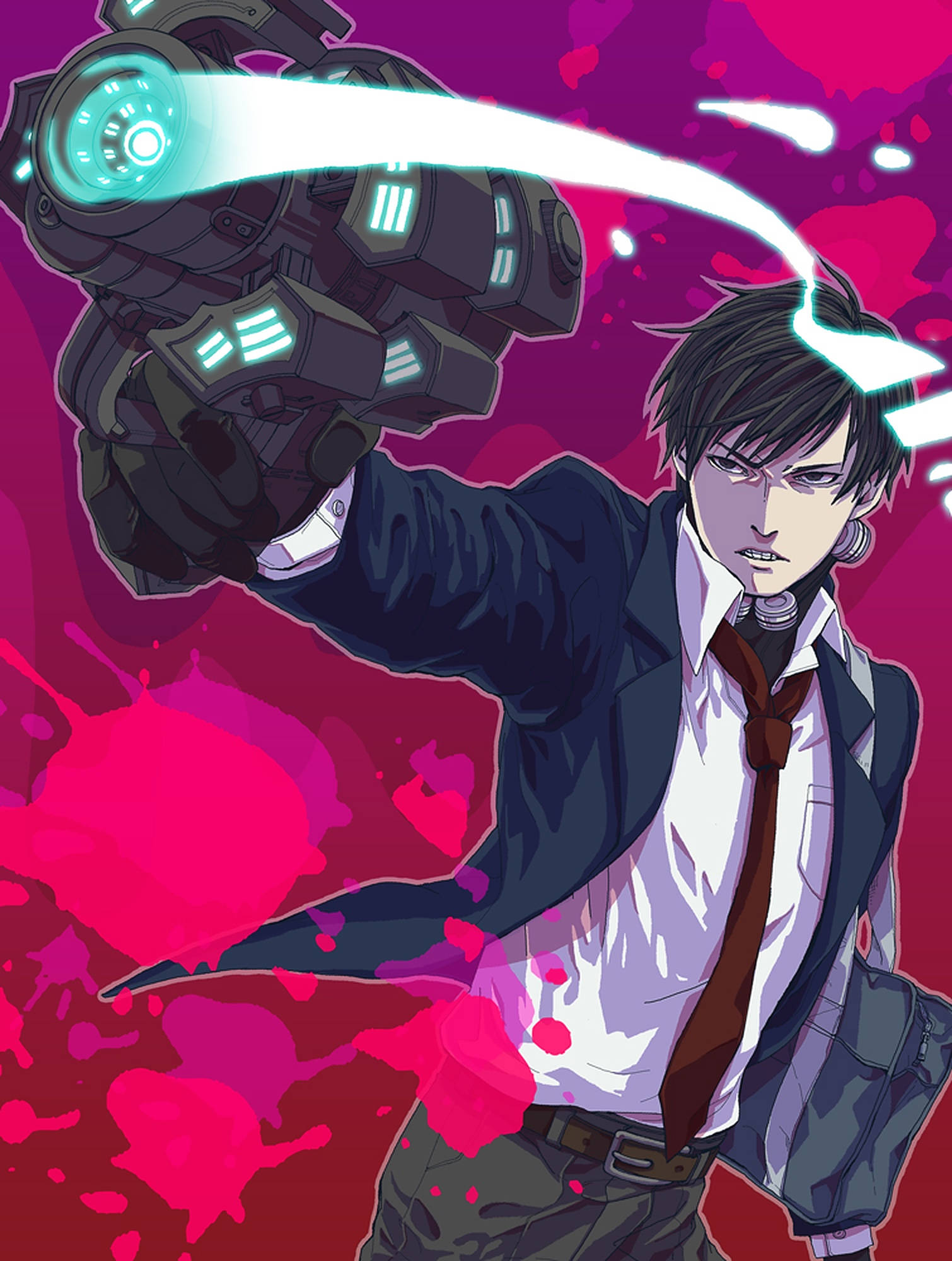 Gantz 桌布 壁紙 — 一個穿著西裝、意志堅定的動畫男性角色，在充滿活力的粉紅色和洋紅色潑濺背景下揮舞著發光的未來武器。