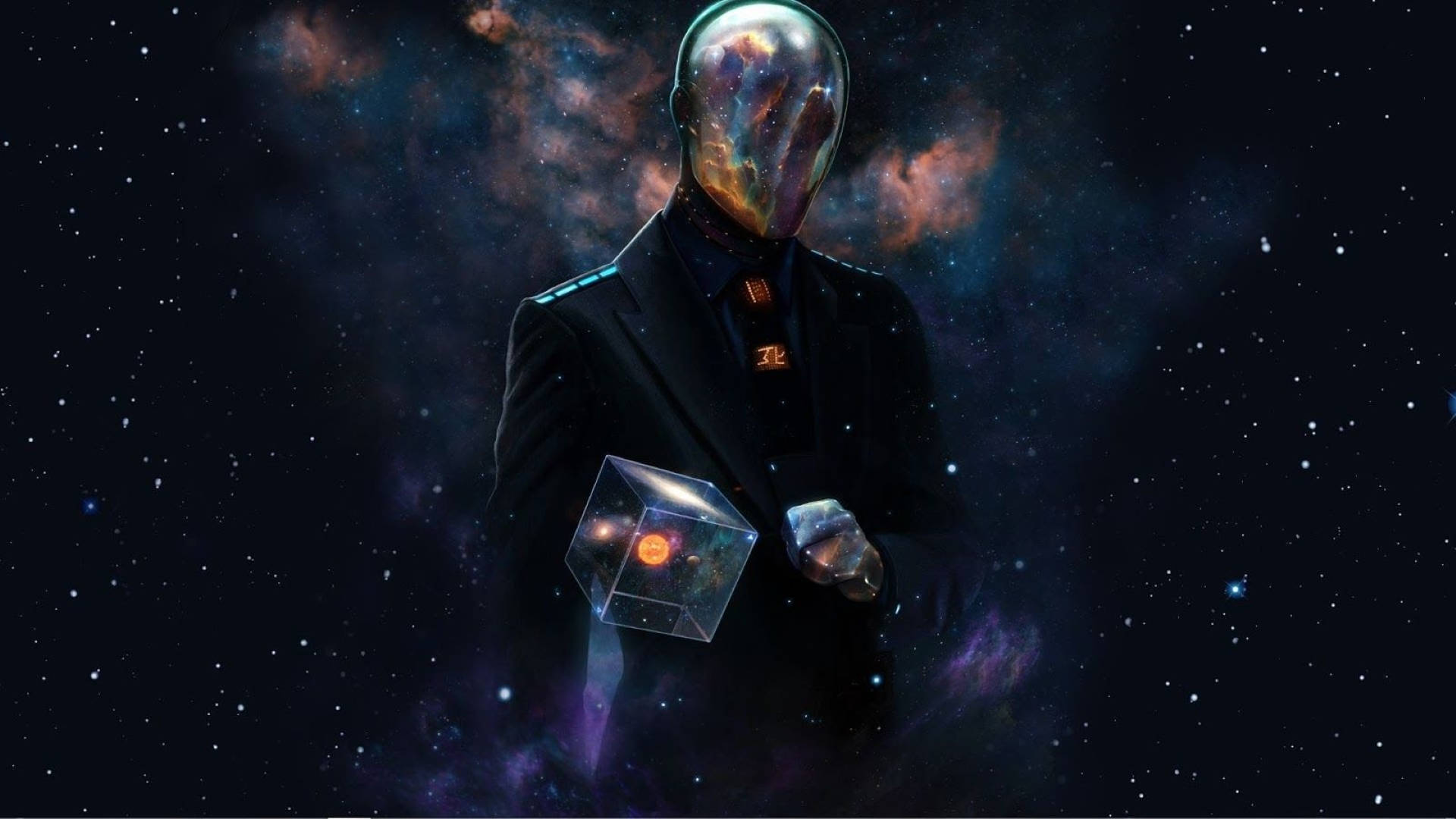 多重宇宙 桌布 壁紙 — 一個穿著西裝、擁有宇宙面孔的人物，在星雲背景下拿著一個發光的立方體。