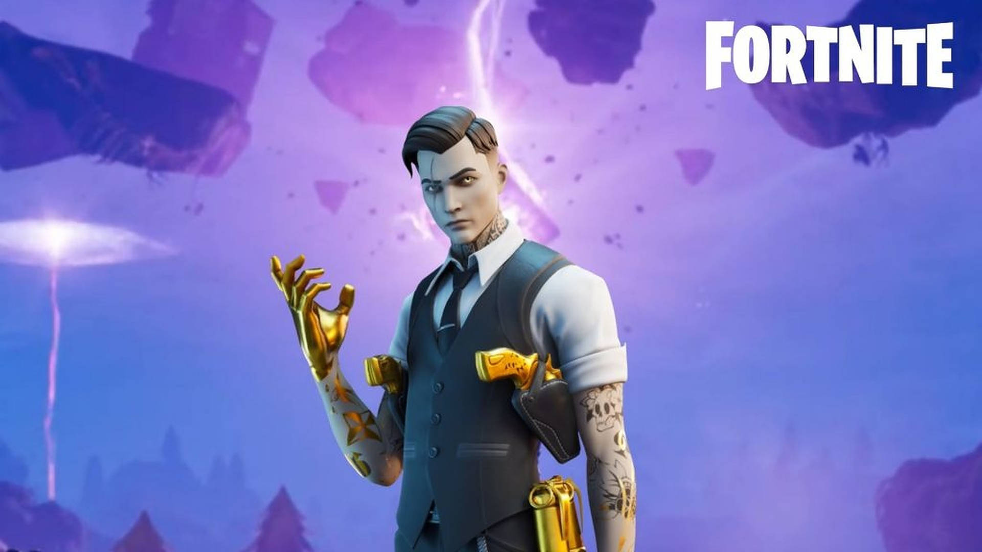 閃電 桌布 壁紙 — 一個穿著西裝、擁有金色手臂和紋身的 Fortnite 角色，站在紫色天空下，背景有漂浮的岩石和閃電。