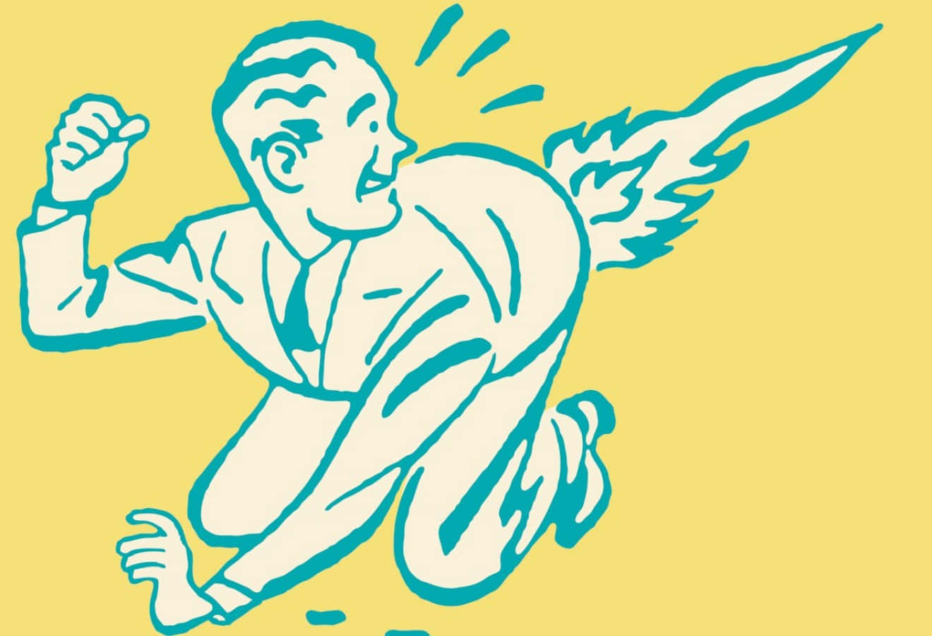 Fart 桌布 壁紙 — 一個穿著西裝、有翅膀和劍的風格化男人，在黃色背景上握緊拳頭向前衝。