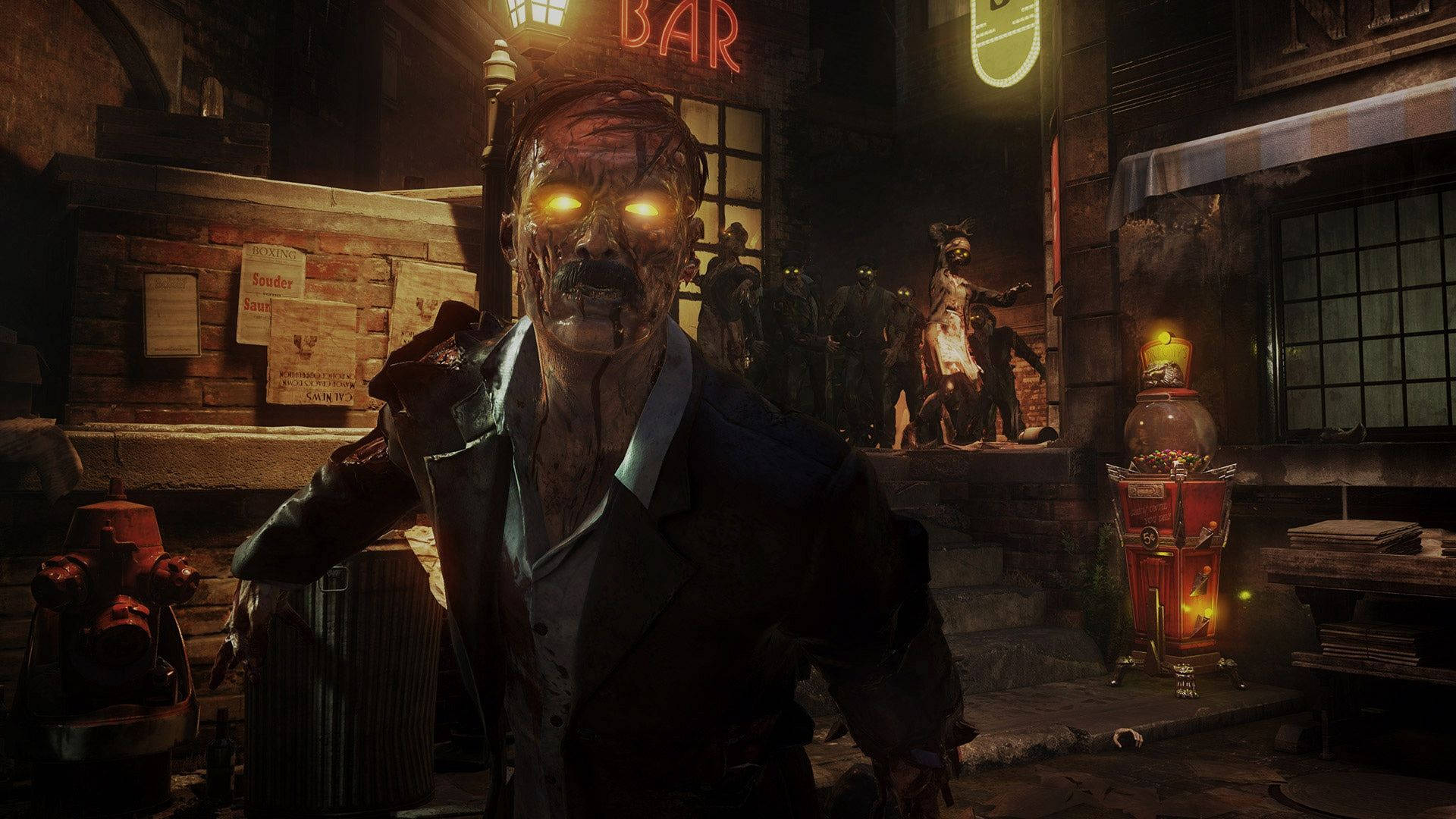 Call Of Duty Black Ops 3 桌布 壁紙 — 一個穿著西裝、眼睛發光的殭屍在夜晚威脅性地站在一條骯髒的城市小巷中霓虹燈照亮的酒吧外。