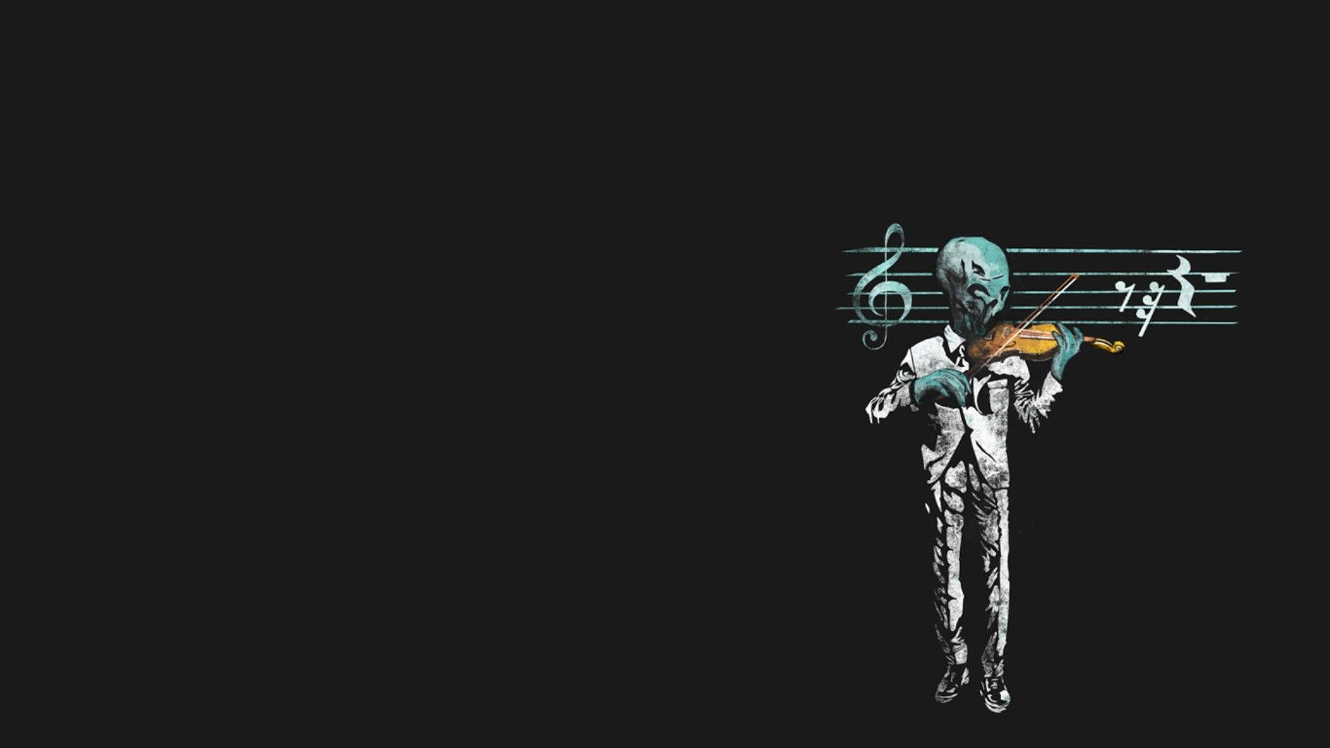 音樂 桌布 壁紙 — 一個穿著西裝、青綠色皮膚的外星人在黑色背景上拉小提琴，伴隨著發光的音符。