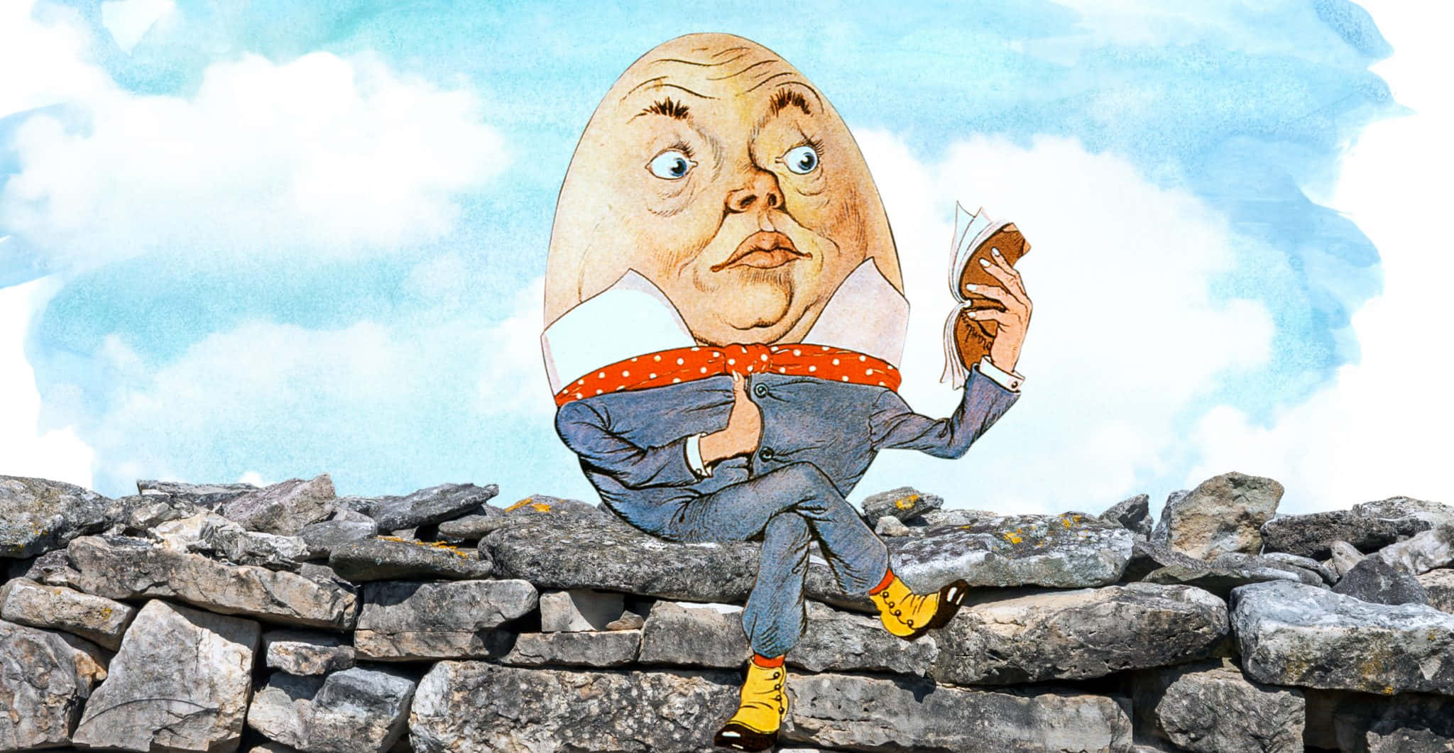 wall 桌布 壁紙 — 一個穿著西裝、頭像雞蛋的古怪插畫男人坐在石牆上，在多雲的天空下吃三明治。
