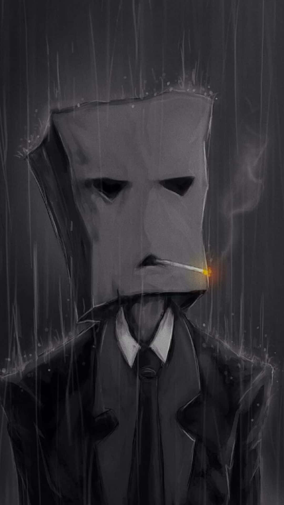 桌布 壁紙 — 一個穿著西裝、頭戴紙袋的莊嚴人物在暴雨中抽煙，煙頭發出微光。