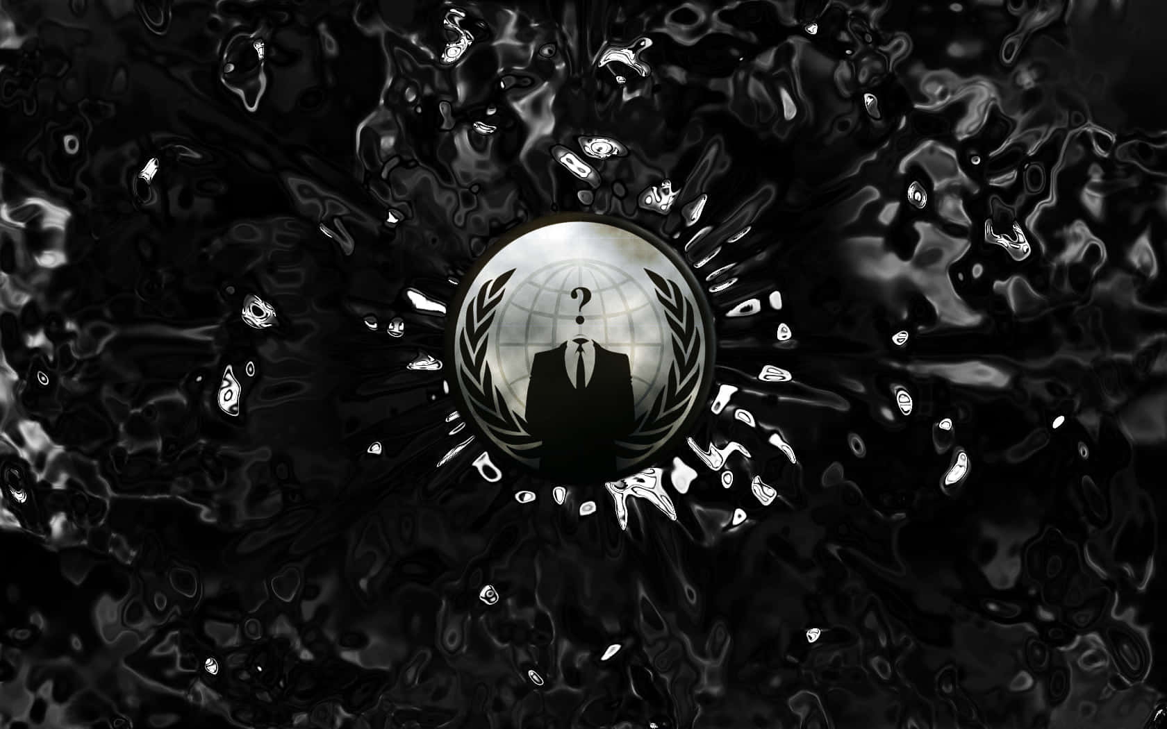 Anonymous iPhone 桌布 壁紙 — 一個穿著西裝、頭部為問號的神秘人物站在地球標誌內，周圍環繞著旋轉的黑色液體。