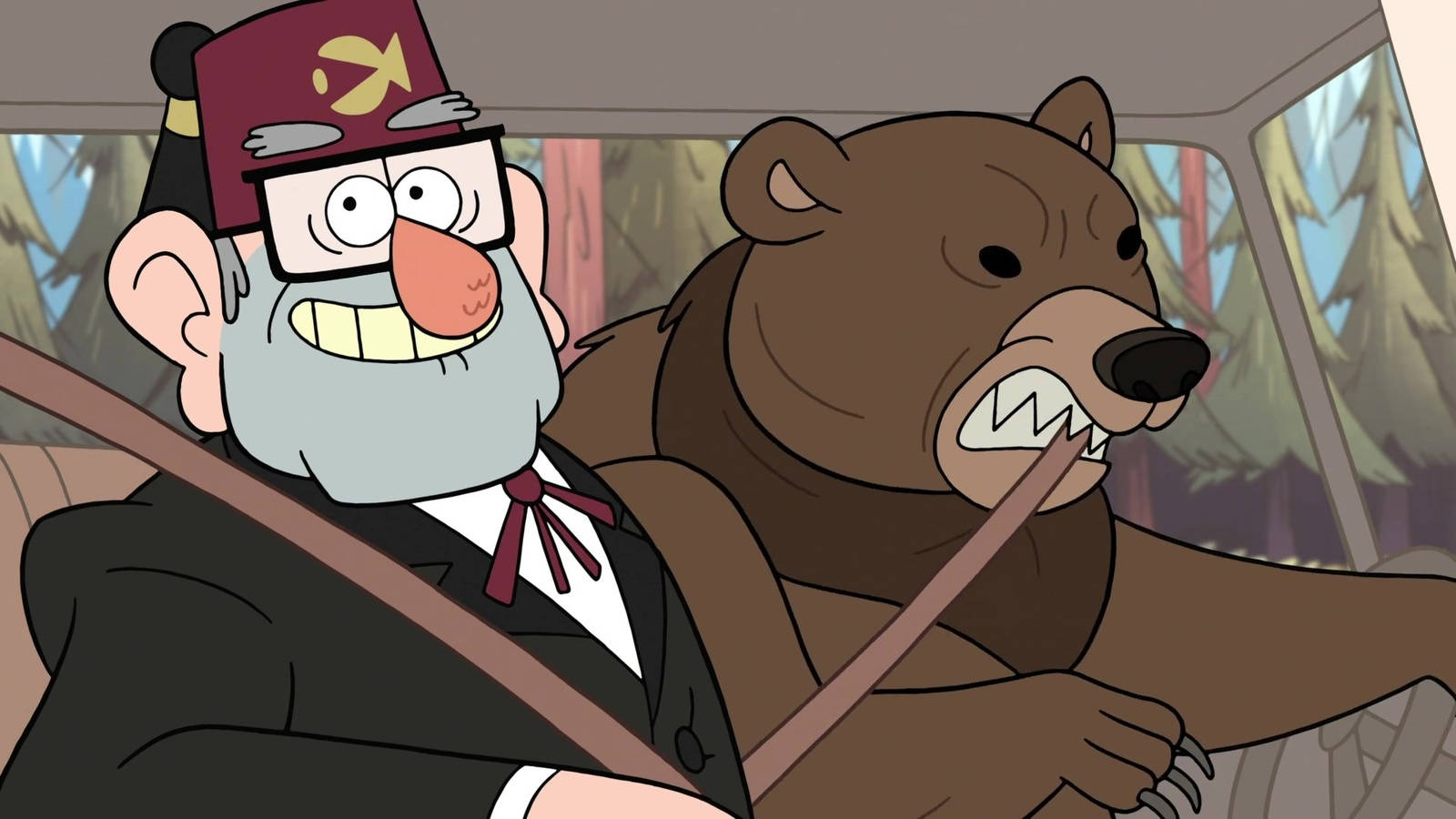 grunkle stan 桌布 壁紙 — 一個穿著西裝和土耳其氈帽的卡通男人開車，車上有一隻脾氣暴躁的棕熊坐在乘客座位上。