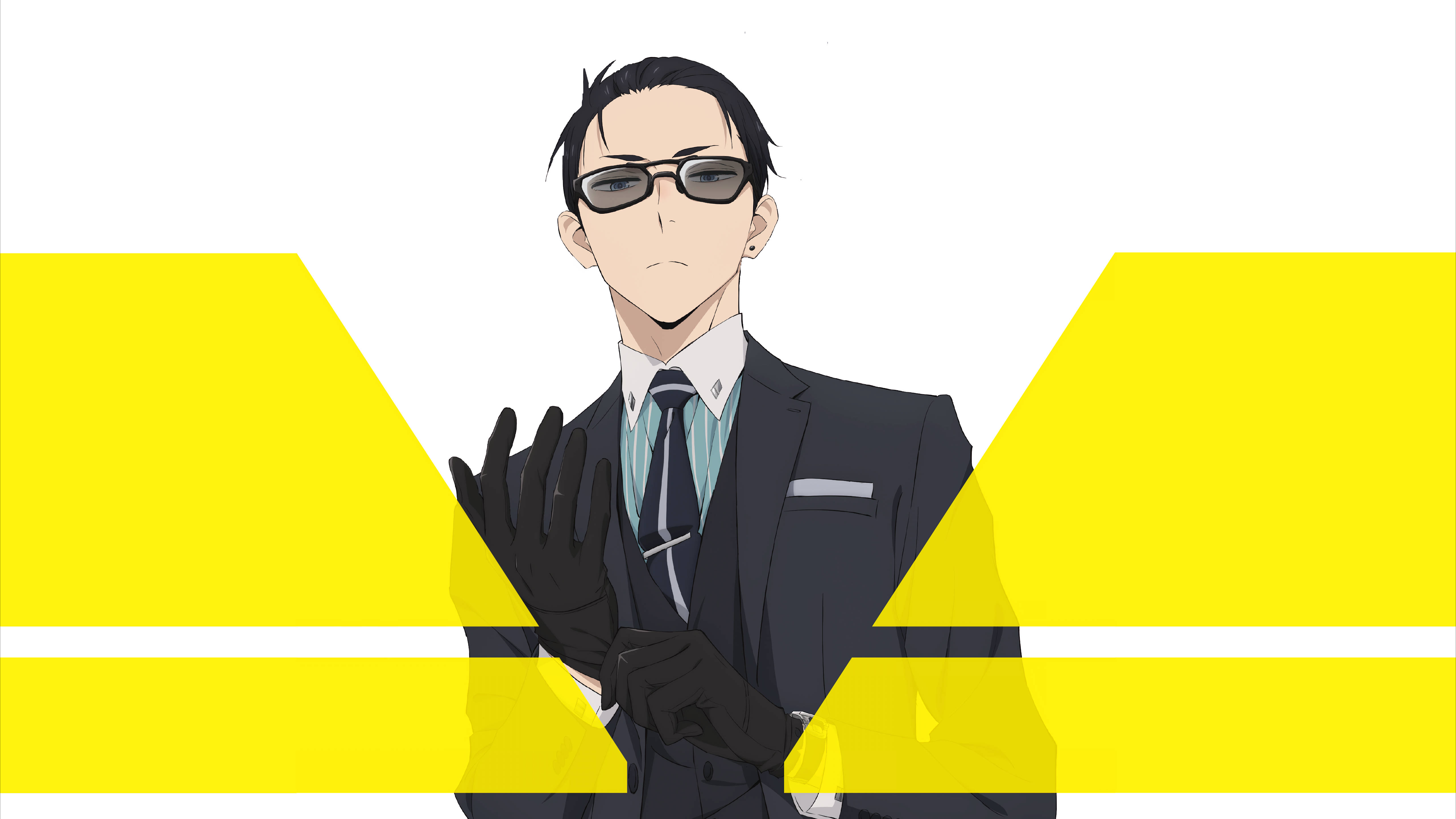 daisuke kambe 桌布 壁紙 — 一個穿著西裝和太陽眼鏡的酷炫動漫男子，站在大膽的黃白幾何背景前。