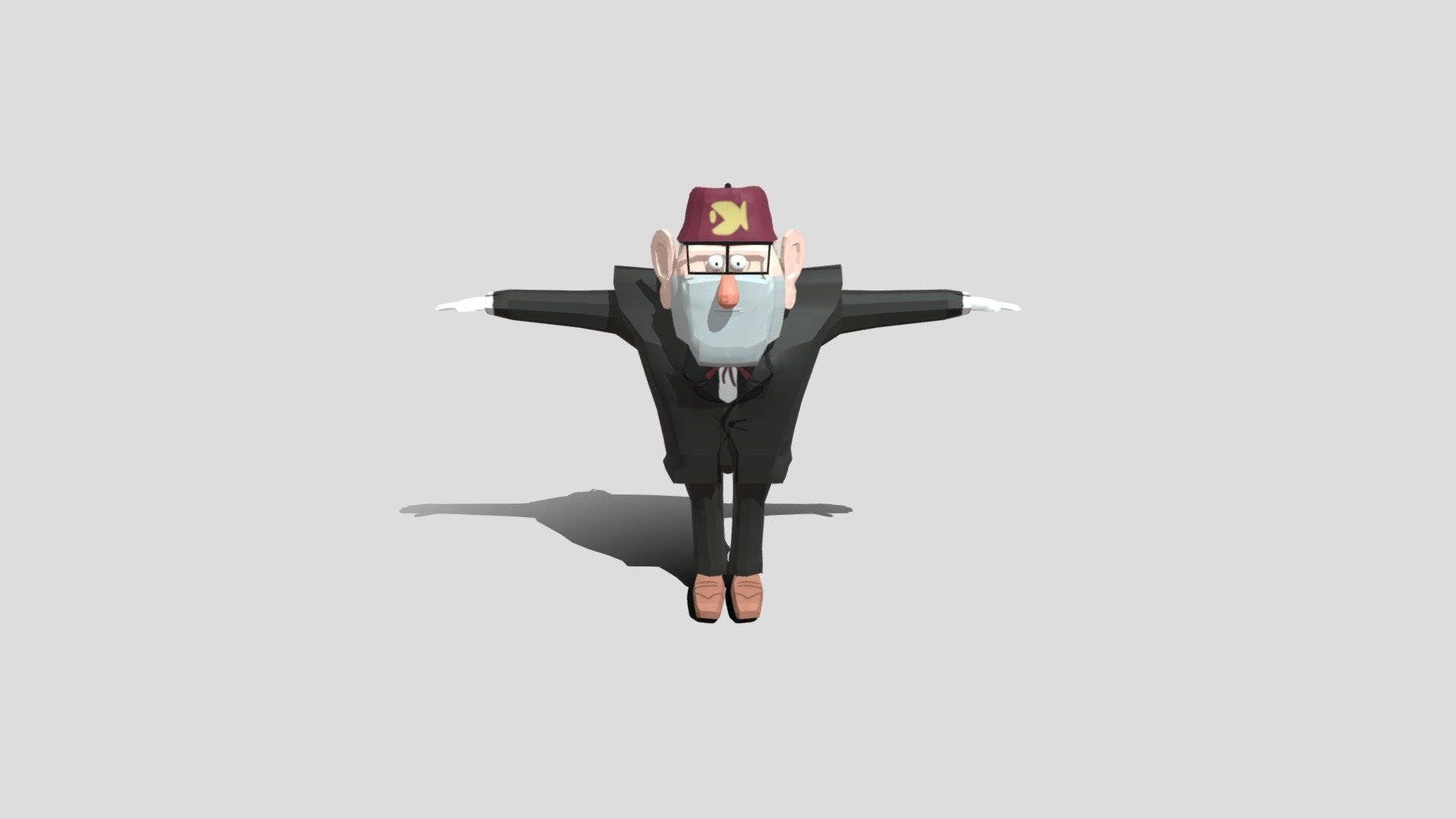 grunkle stan 桌布 壁紙 — 一個穿著西裝和帽子的卡通男人，雙臂伸展，站在純灰色背景前。