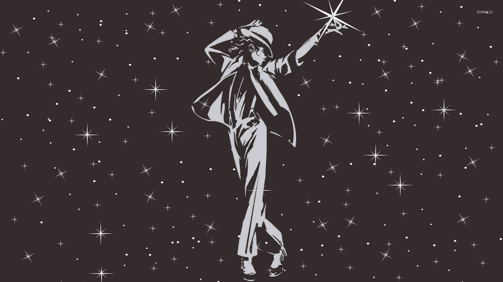 michael 桌布 壁紙 — 一個穿著西裝和帽子的風格化人物，向著充滿閃爍星星的星空伸出手。
