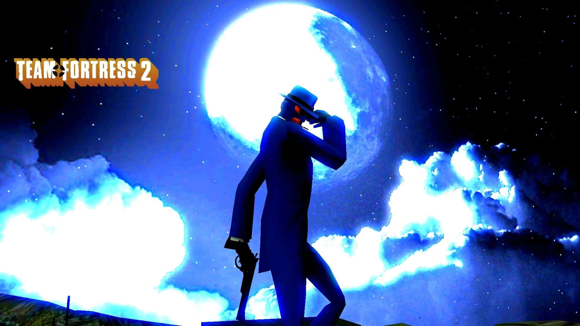 1920x1080 Tf2 桌布 壁紙 — 一個穿著西裝和戴帽子的男人剪影，手持手槍，背景是發光的月亮和繁星點點的夜空。