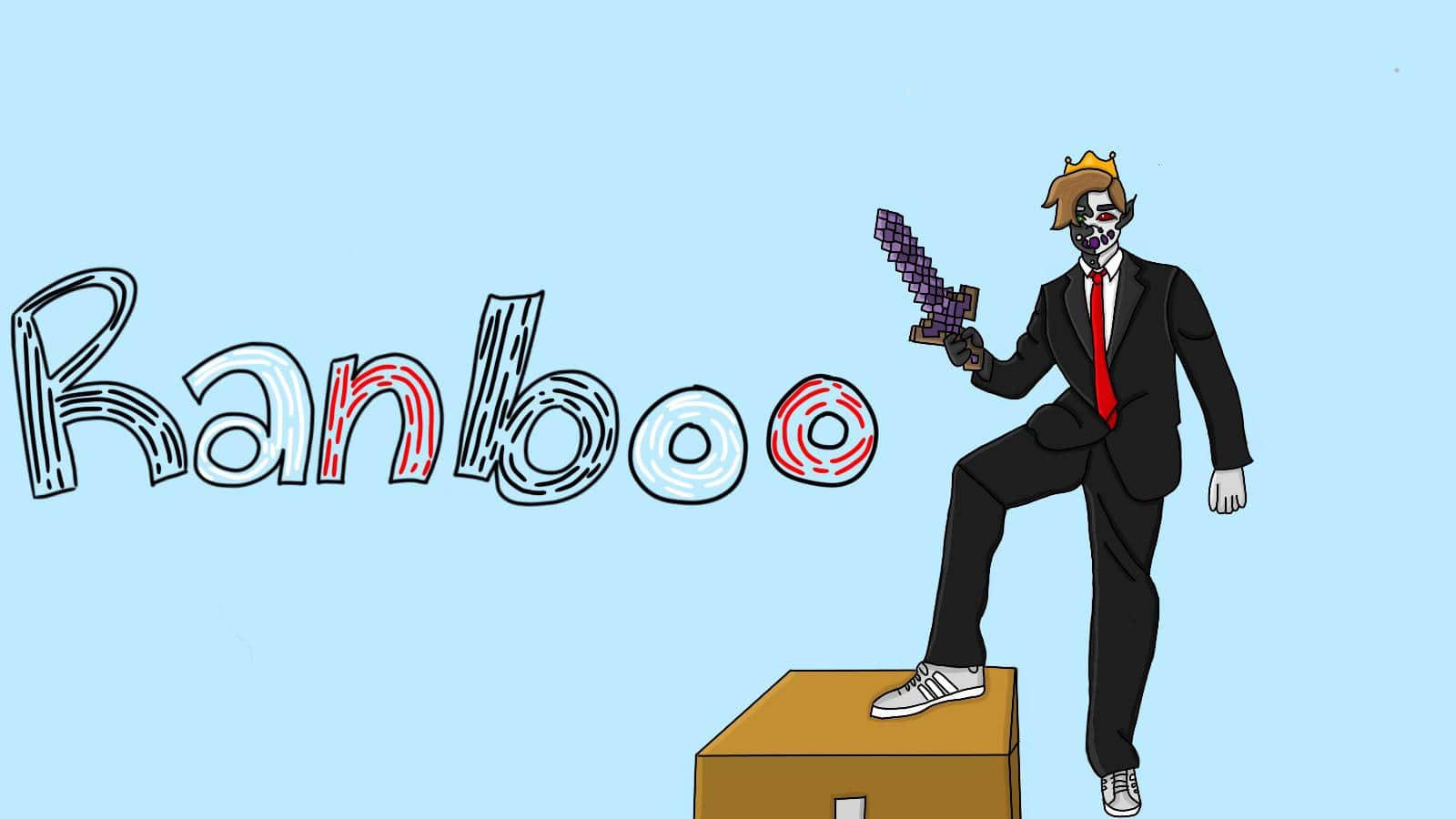 Ranboo 桌布 壁紙 — 一個穿著西裝和戴著皇冠的卡通角色站在一個盒子上，手持像素劍，旁邊是風格化的文字Ranboo，背景為淺藍色。