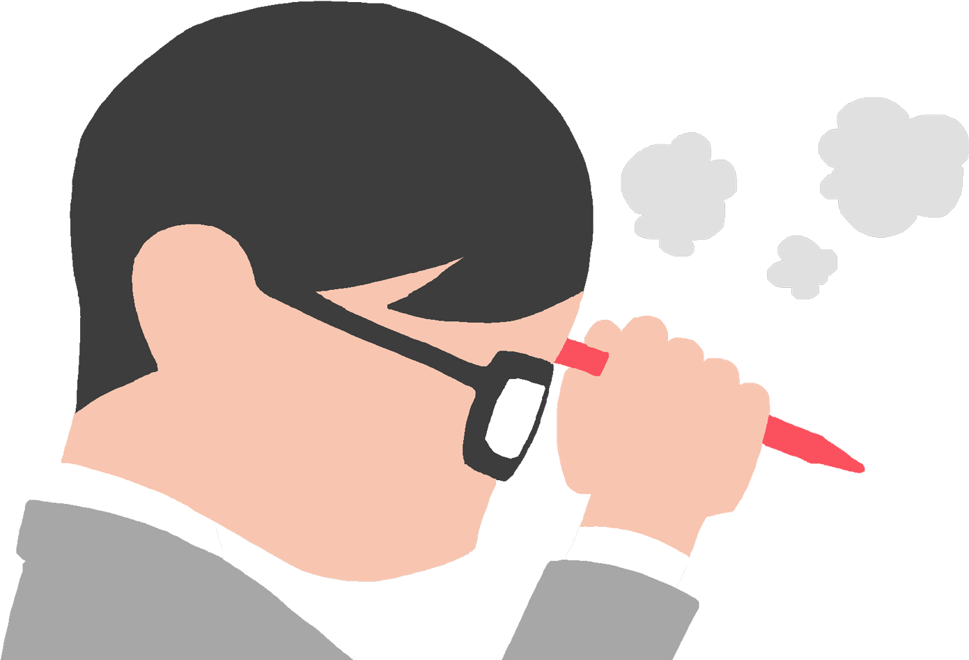 Thinking 桌布 壁紙 — 一個穿著西裝和眼鏡的風格化人物，將紅色筆放在嘴唇上，附近有思想泡泡漂浮。