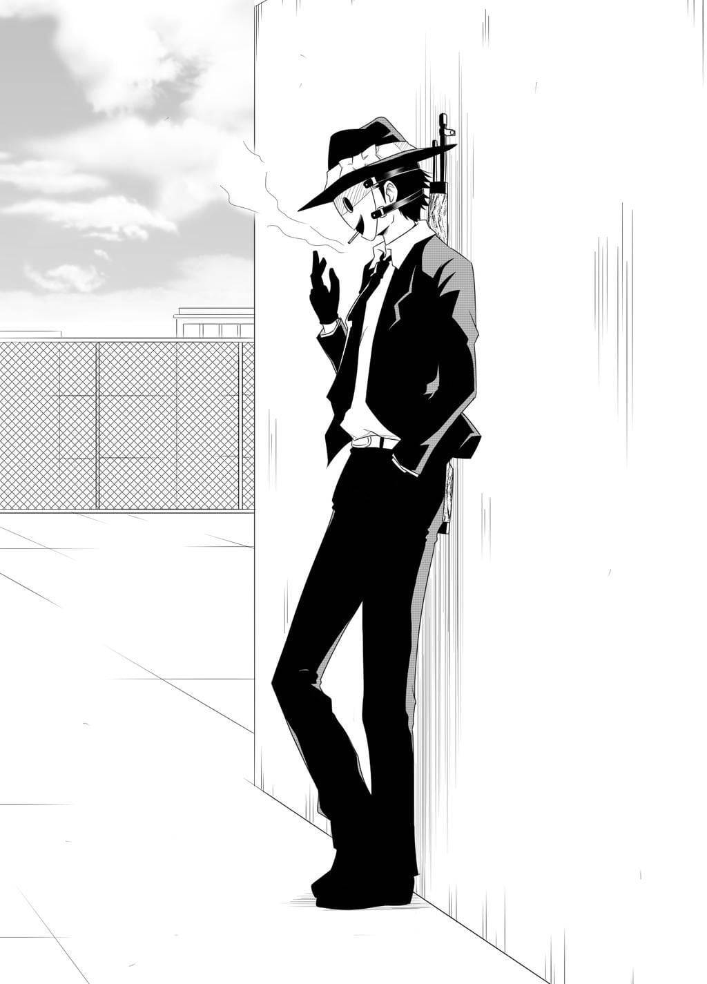 high 桌布 壁紙 — 一個穿著西裝和軟呢帽的時尚動漫男子靠在牆上抽煙，腰間掛著槍套。