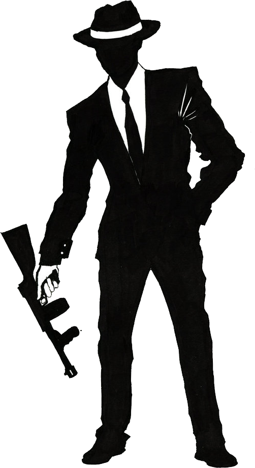 Gangster Logo 桌布 壁紙 — 一個穿著西裝和軟呢帽的男人，一手叉腰，一手拿著衝鋒槍的清晰黑色剪影。