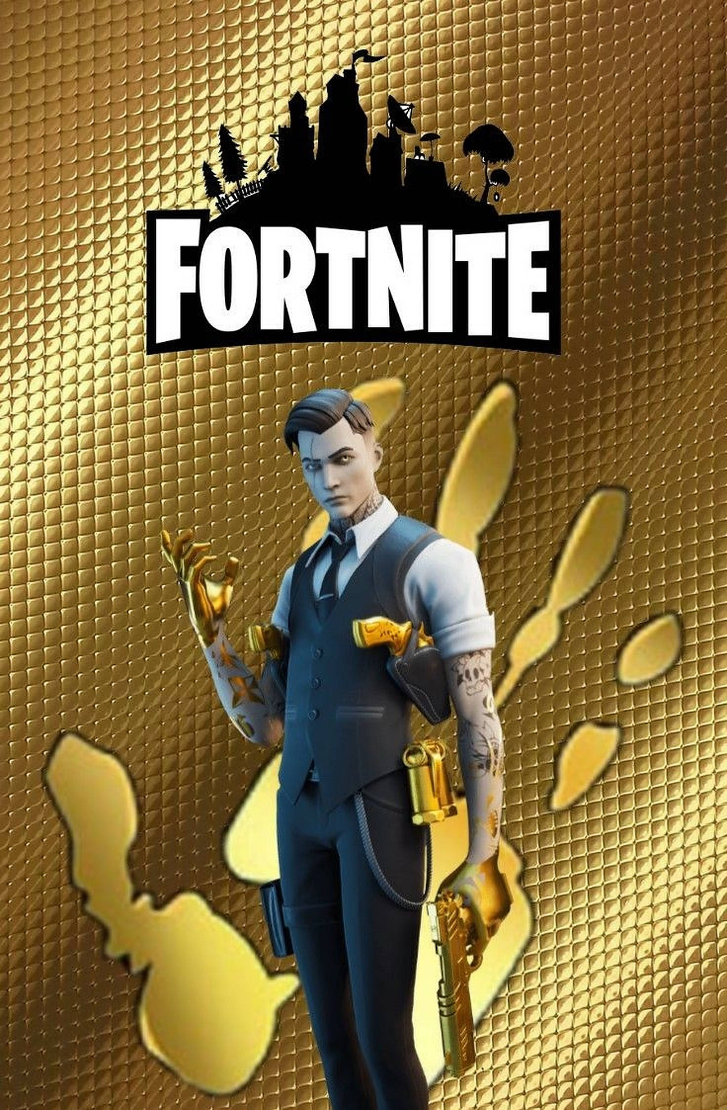 Midas 桌布 壁紙 — 一個穿著西裝的Fortnite角色在帶有城市剪影標誌的紋理金色背景前手持金色武器。