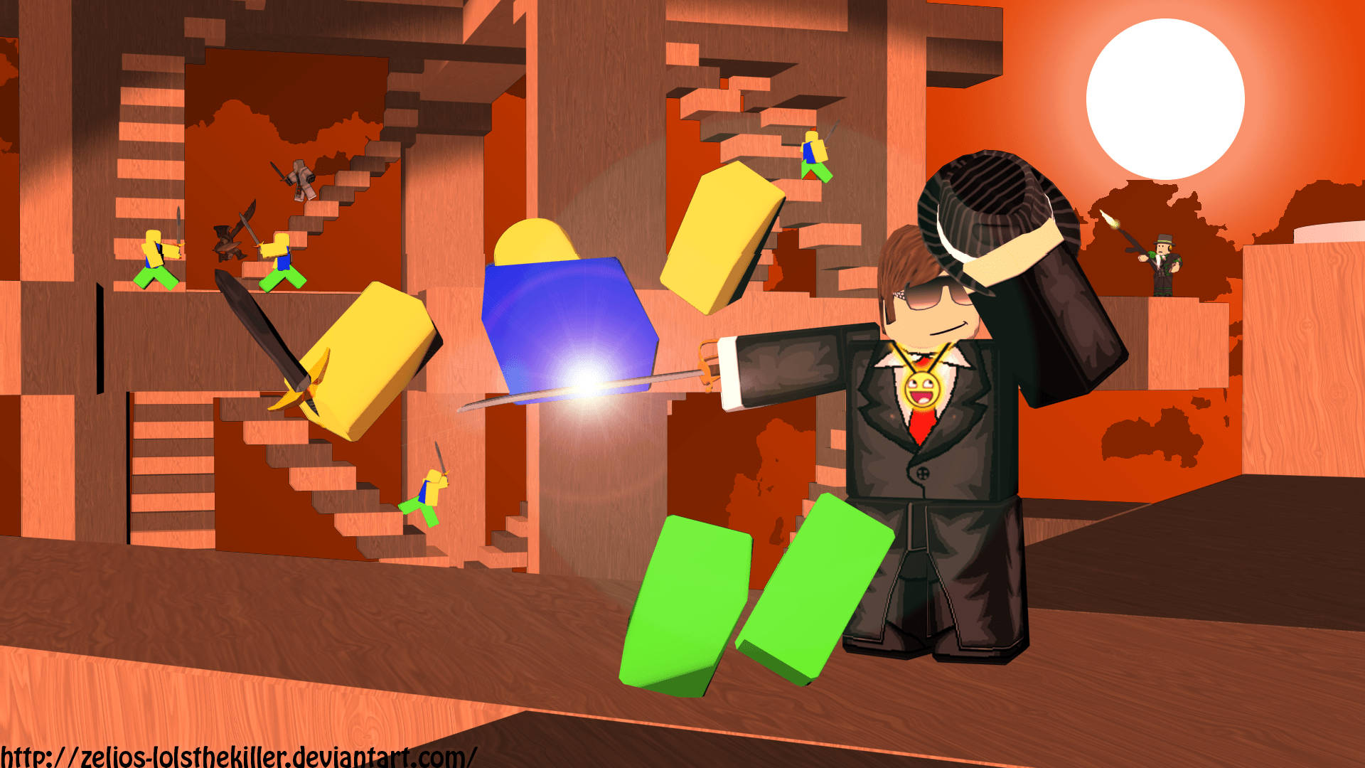 Roblox 桌布 壁紙 — 一個穿著西裝的Roblox角色在浮動方塊和小人物之間揮舞著發光的劍，場景是方塊狀的日落。